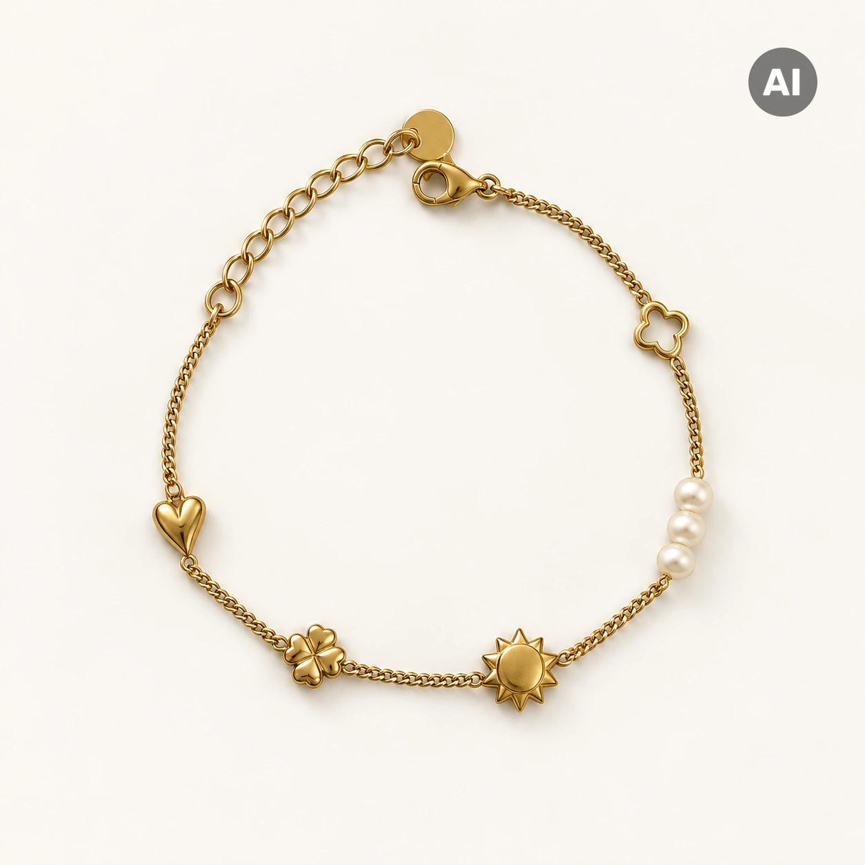 Armband mit Herz, Sonne, Kleeblatt, Perlen und Verlängerung, goldfarben