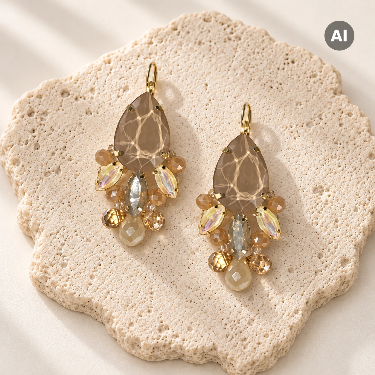 Ohrhänger mit beigen Glasperlen und facettiertem Tropfen, goldfarben