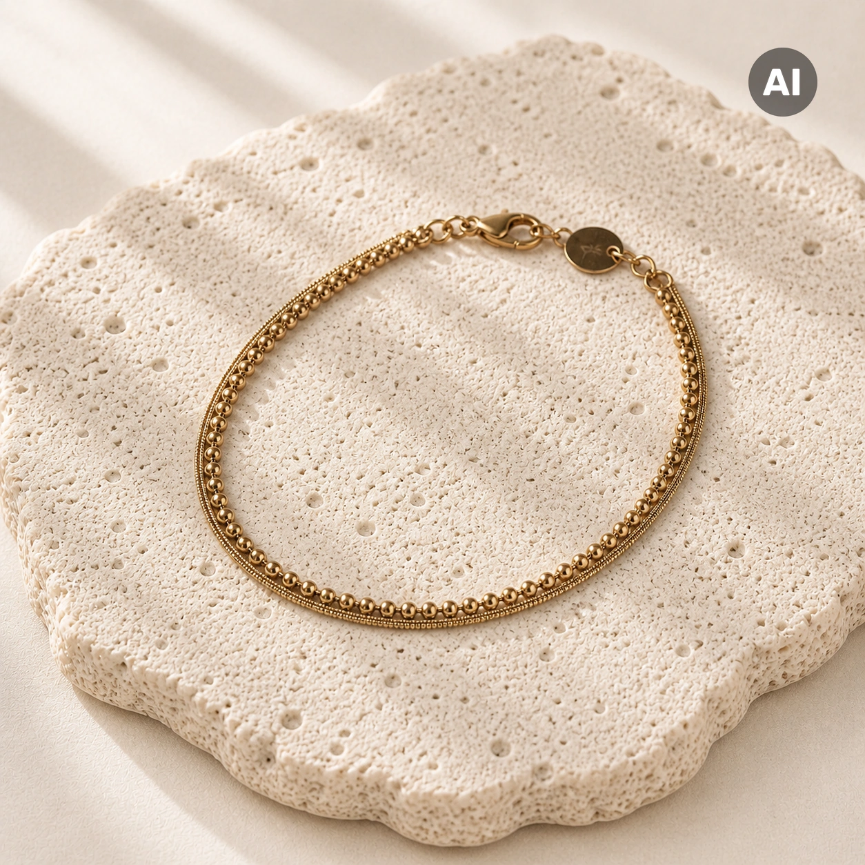 Armband mit Kugelreihe und feiner Kette, goldfarben
