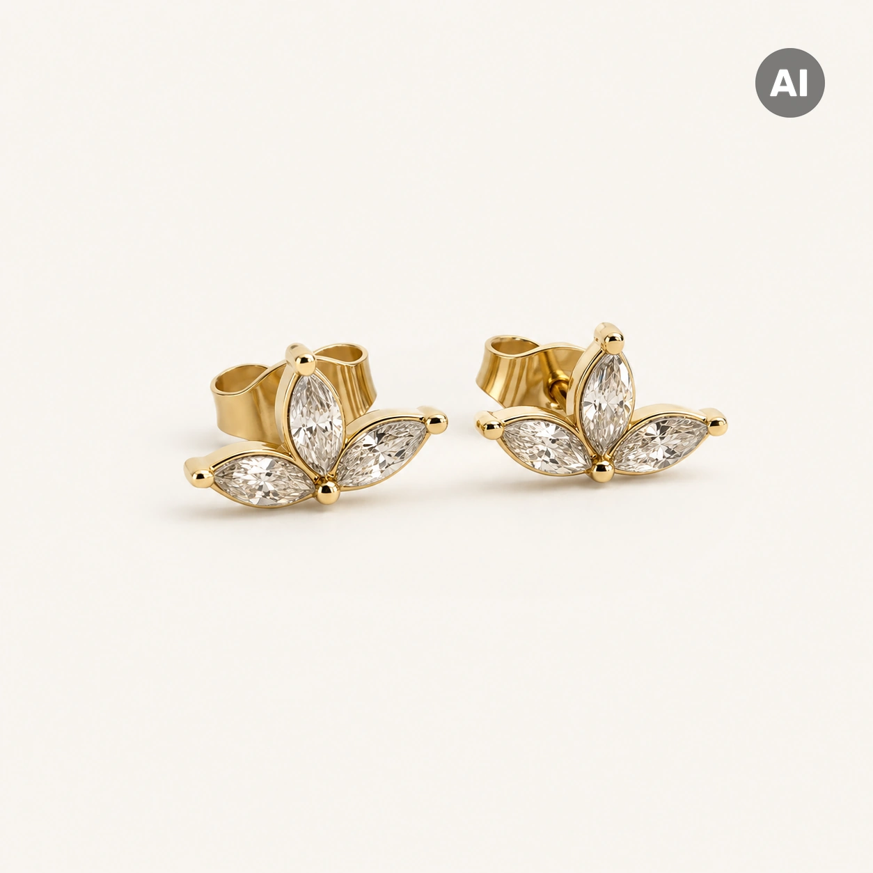 Ohrstecker mit drei Marquise-Zirkonia und Kugeln, goldfarben
