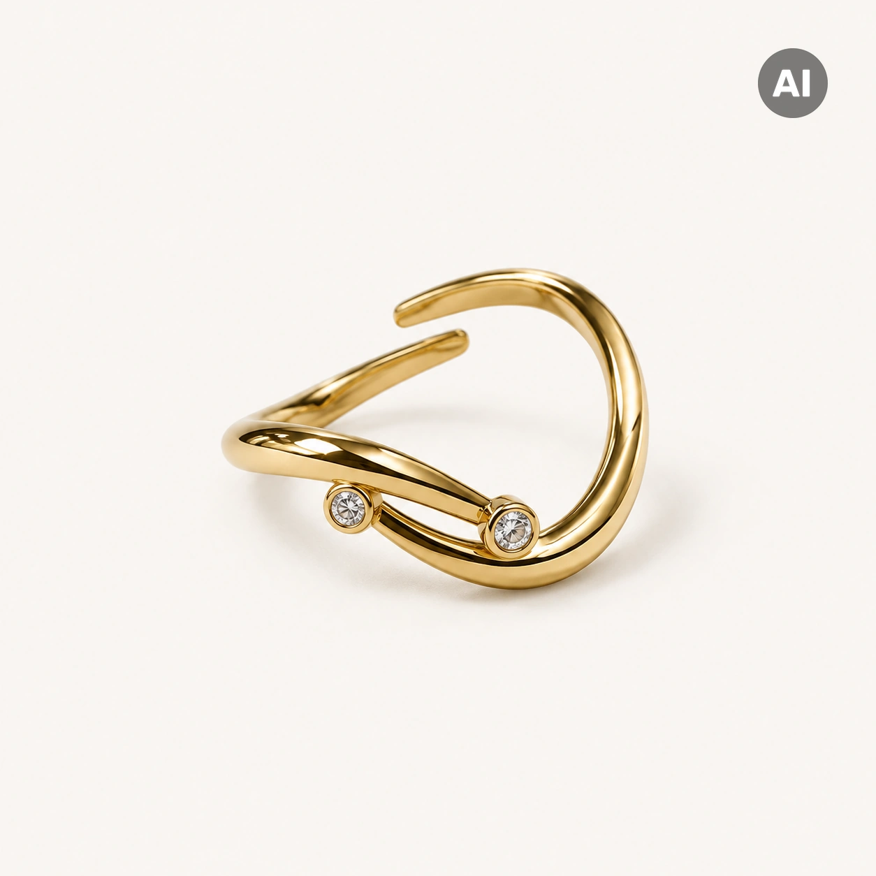 Ring mit offenem geschwungenem Profil und zwei Zirkonia, goldfarben
