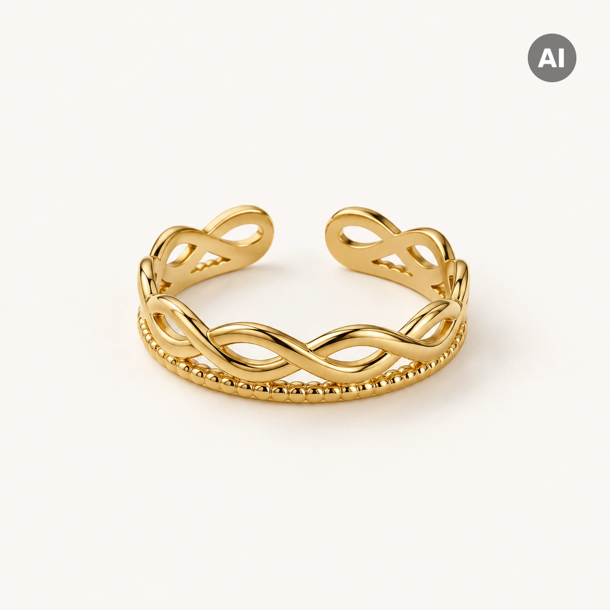 Ring mit offenem geflochtenem Profil und Kugelrand, goldfarben