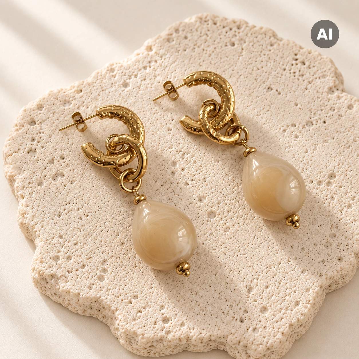 Ohrringe mit gehämmertem Bügel und hängender Kugel, goldfarben