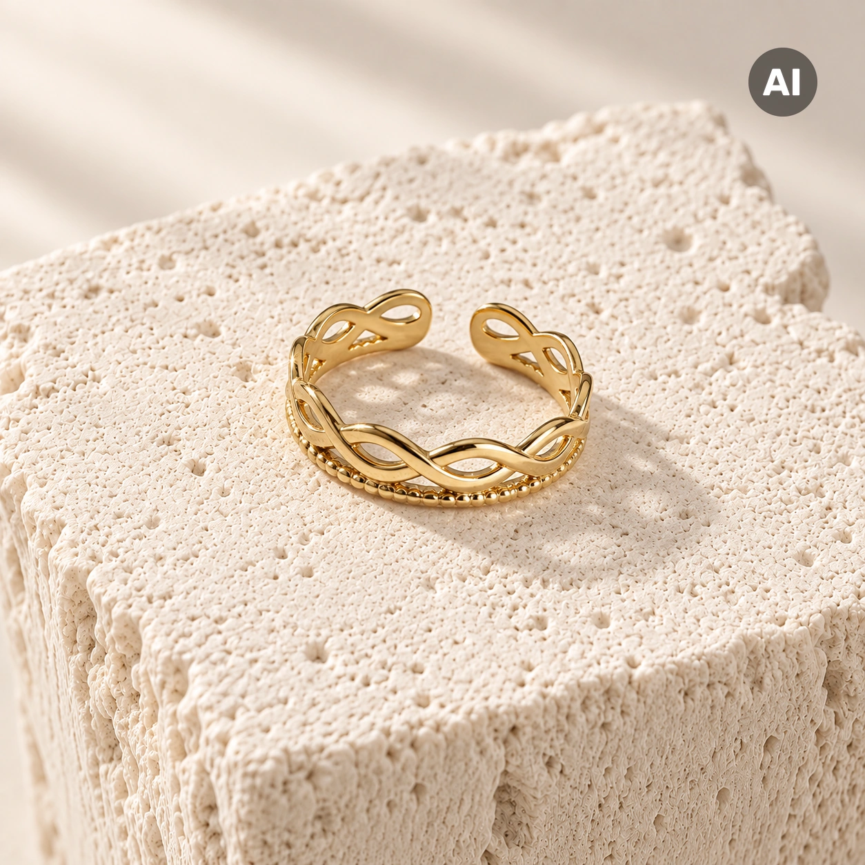Ring mit offenem geflochtenem Profil und Kugelrand, goldfarben