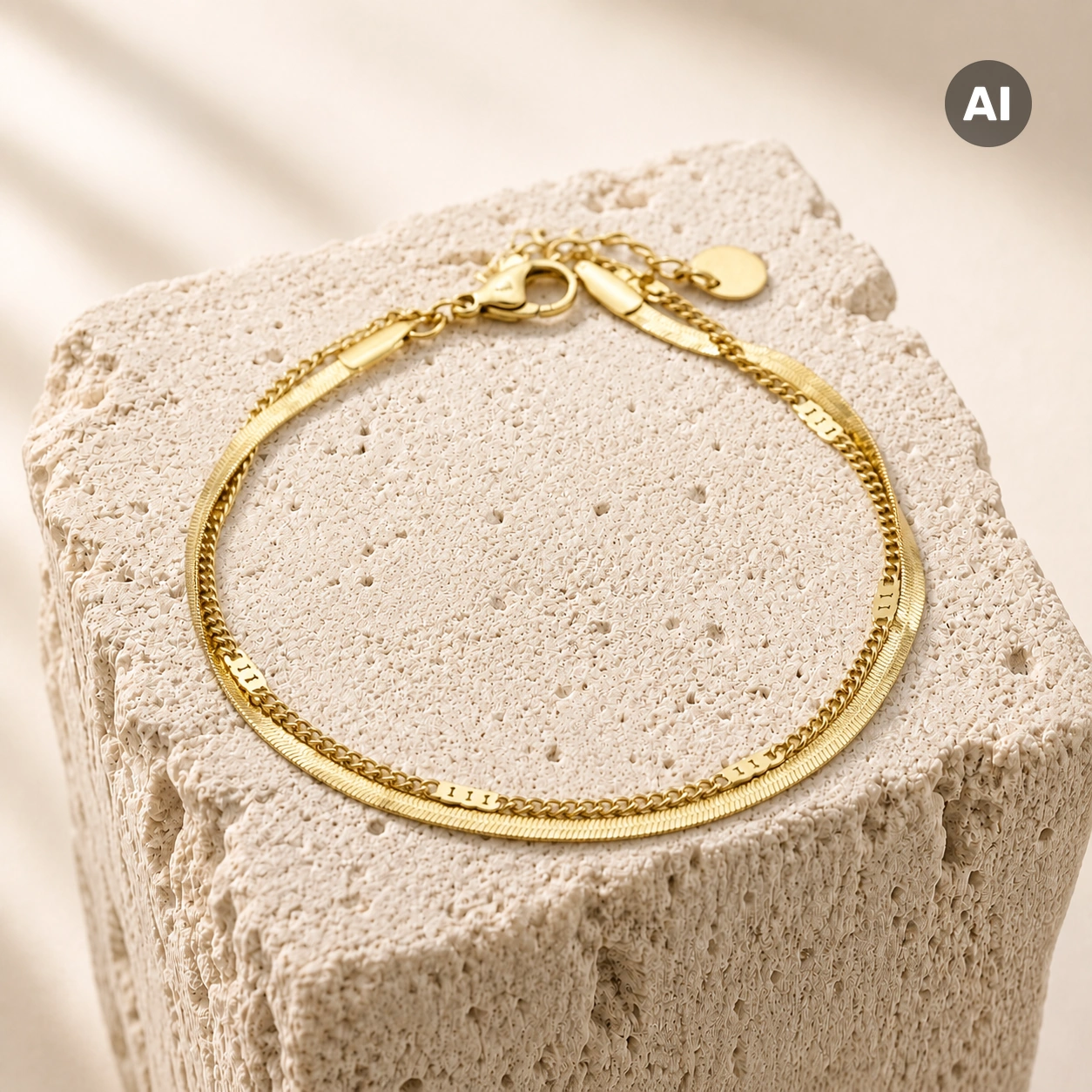 Armband mit Fischgrätkette und Panzerkette, goldfarben