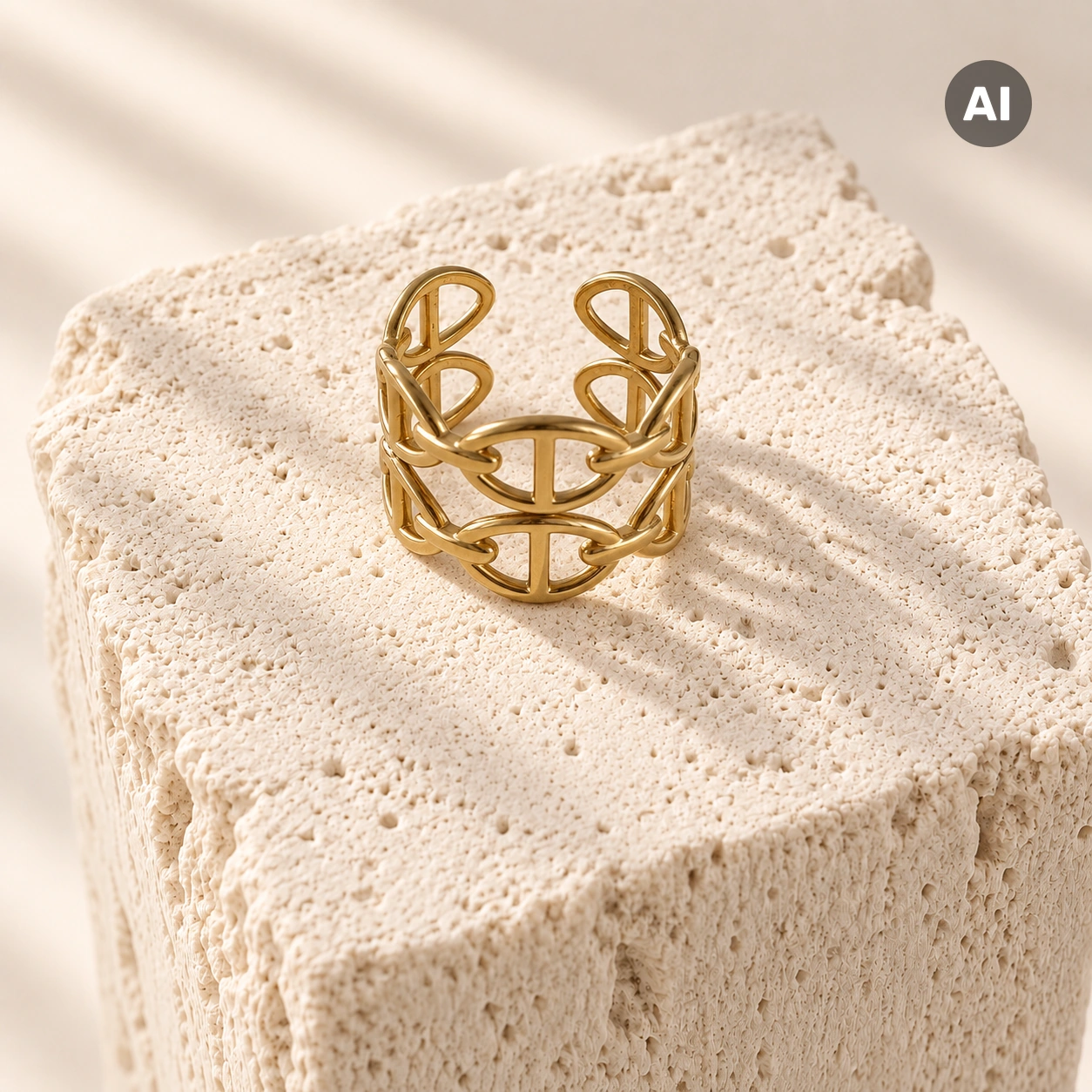 Ring mit offener zweireihiger Gliederkette und Stegen, goldfarben