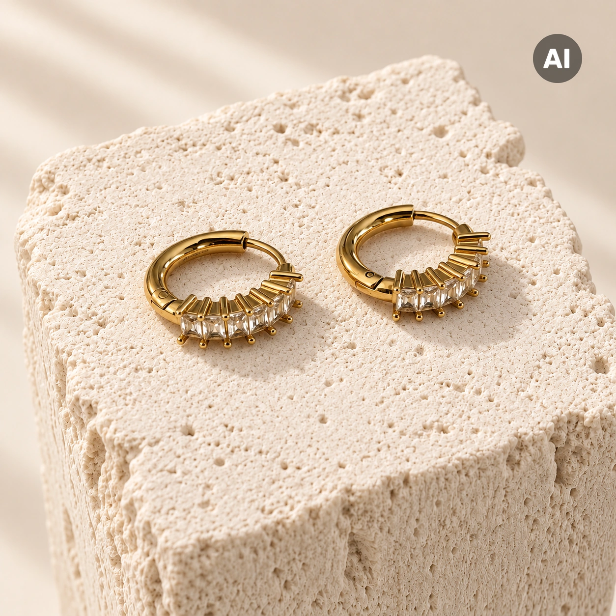Creolen mit Zirkonia-Baguette-Reihe und Klappverschluss, goldfarben