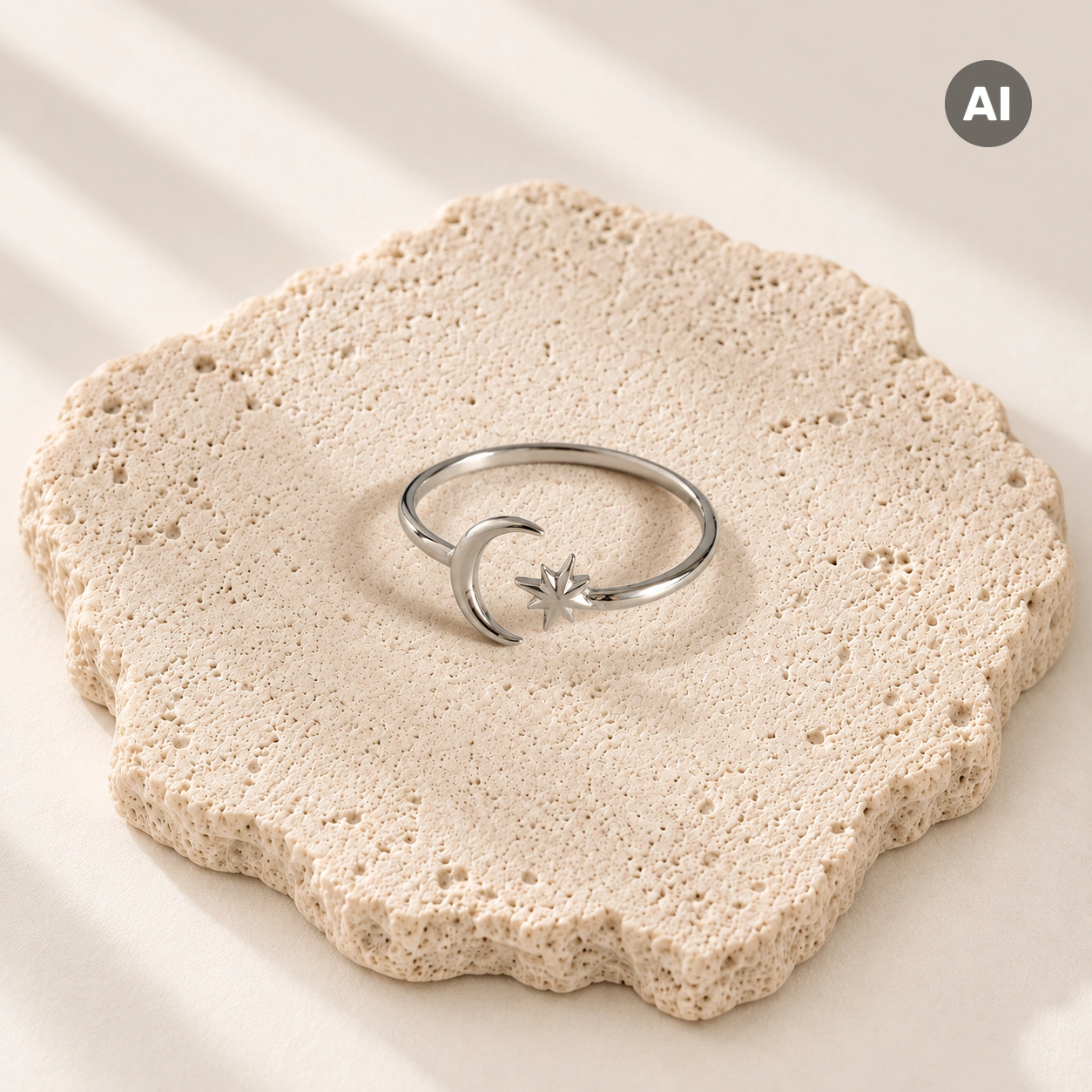 Ring mit offenem Profil, Halbmond und Stern, silberfarben