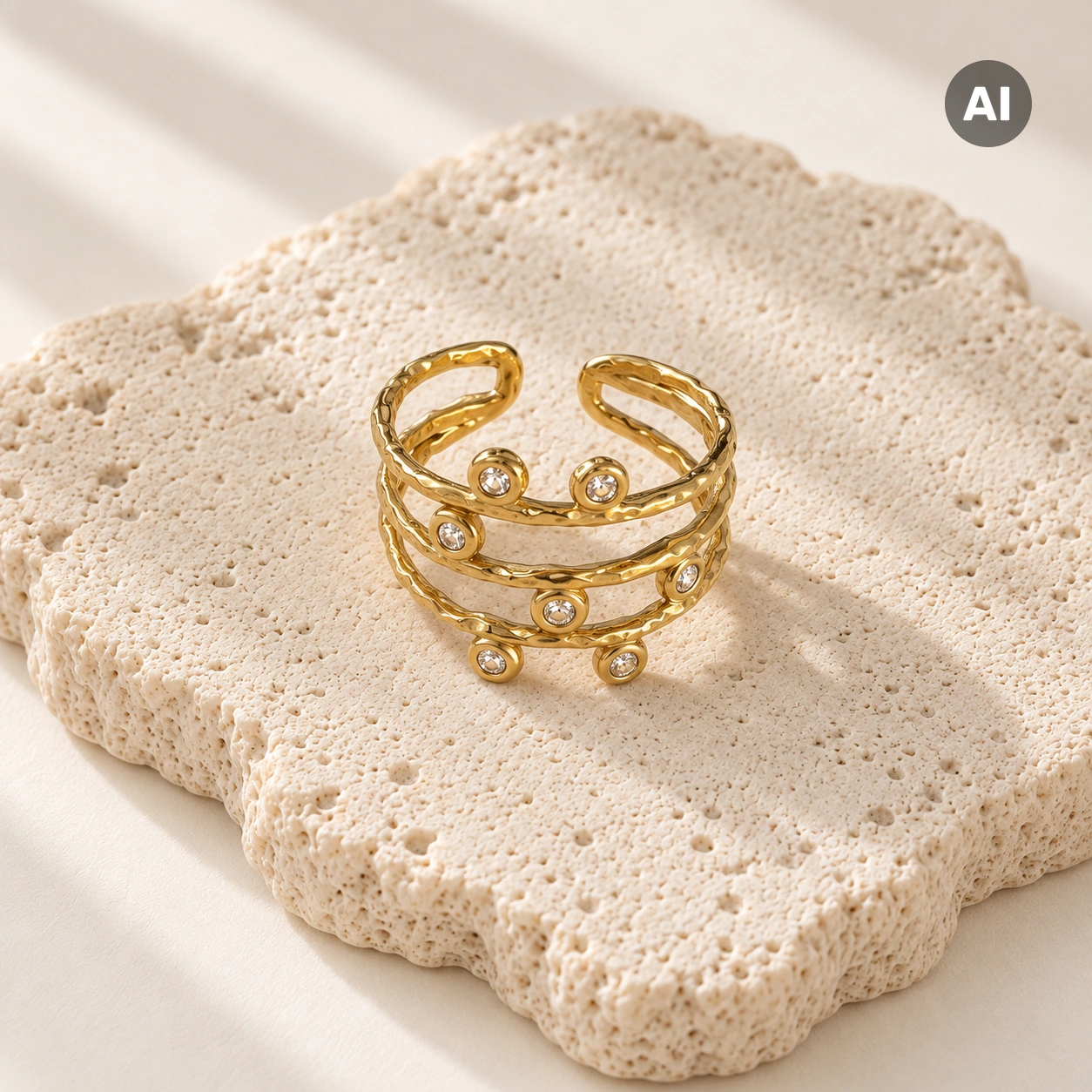 Ring mit offenem mehrreihigem Profil und Hammerschlag, goldfarben
