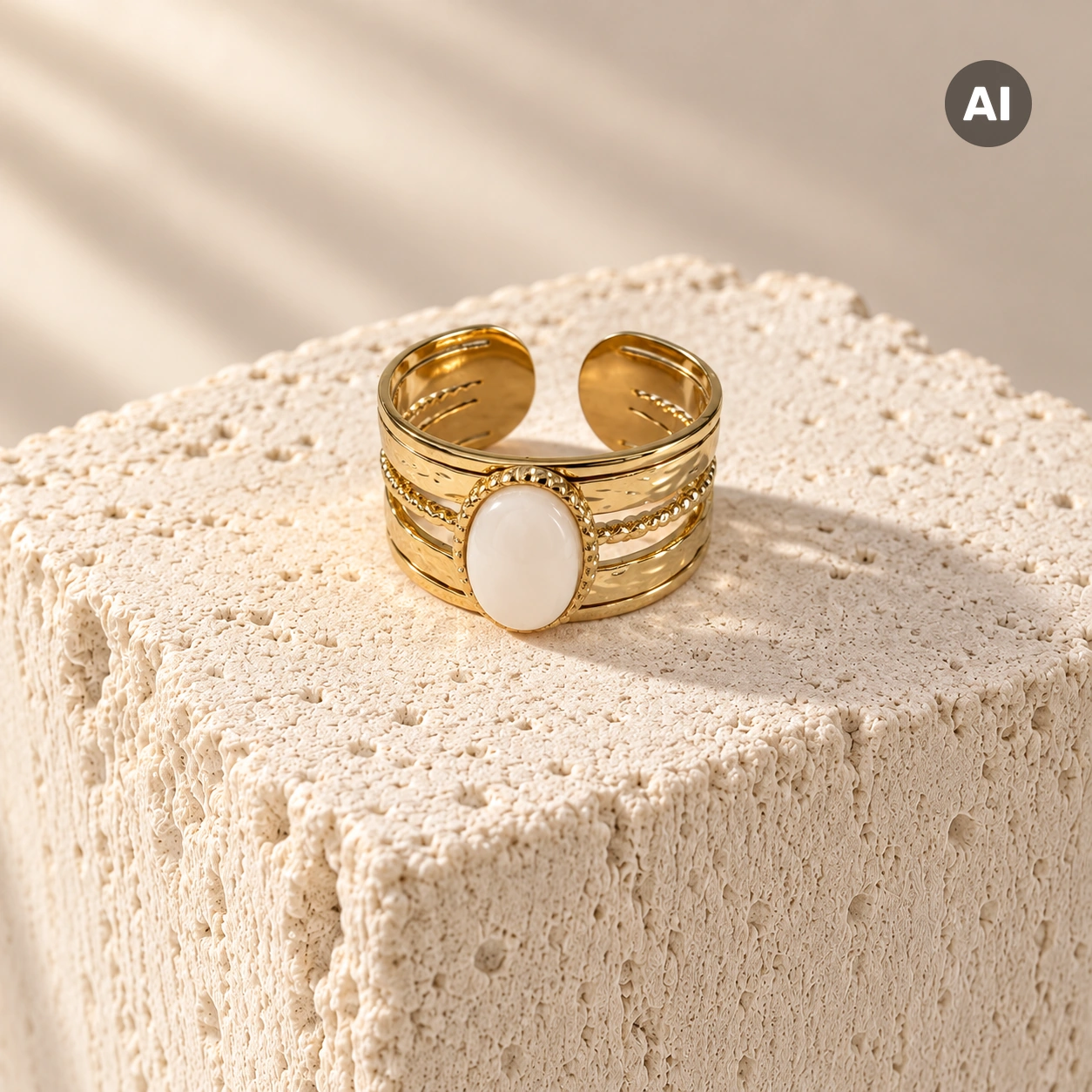 Ring mit Perlmutt-Stein, Kugelrand und Hammerschlag, goldfarben