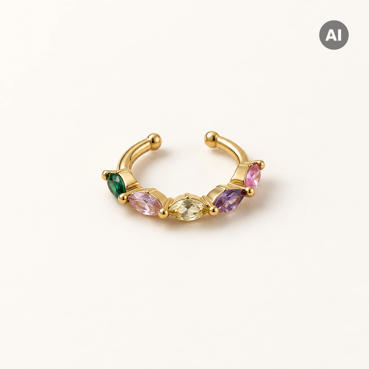 Ear Cuff mit fünf bunten Marquise-Zirkonia und Kugelenden, goldfarben