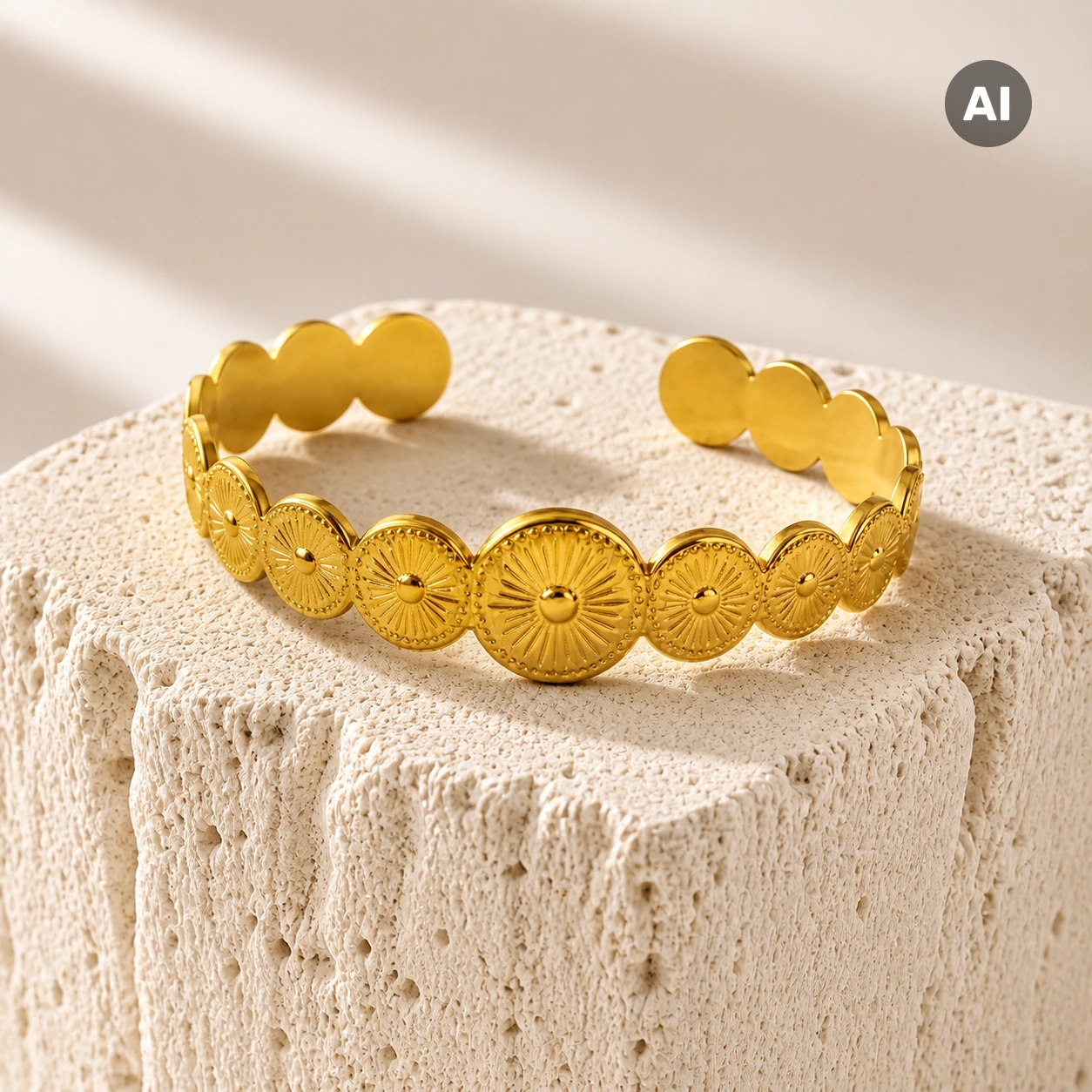 Armreif mit Scheibenreihe und Sonnenrelief, goldfarben