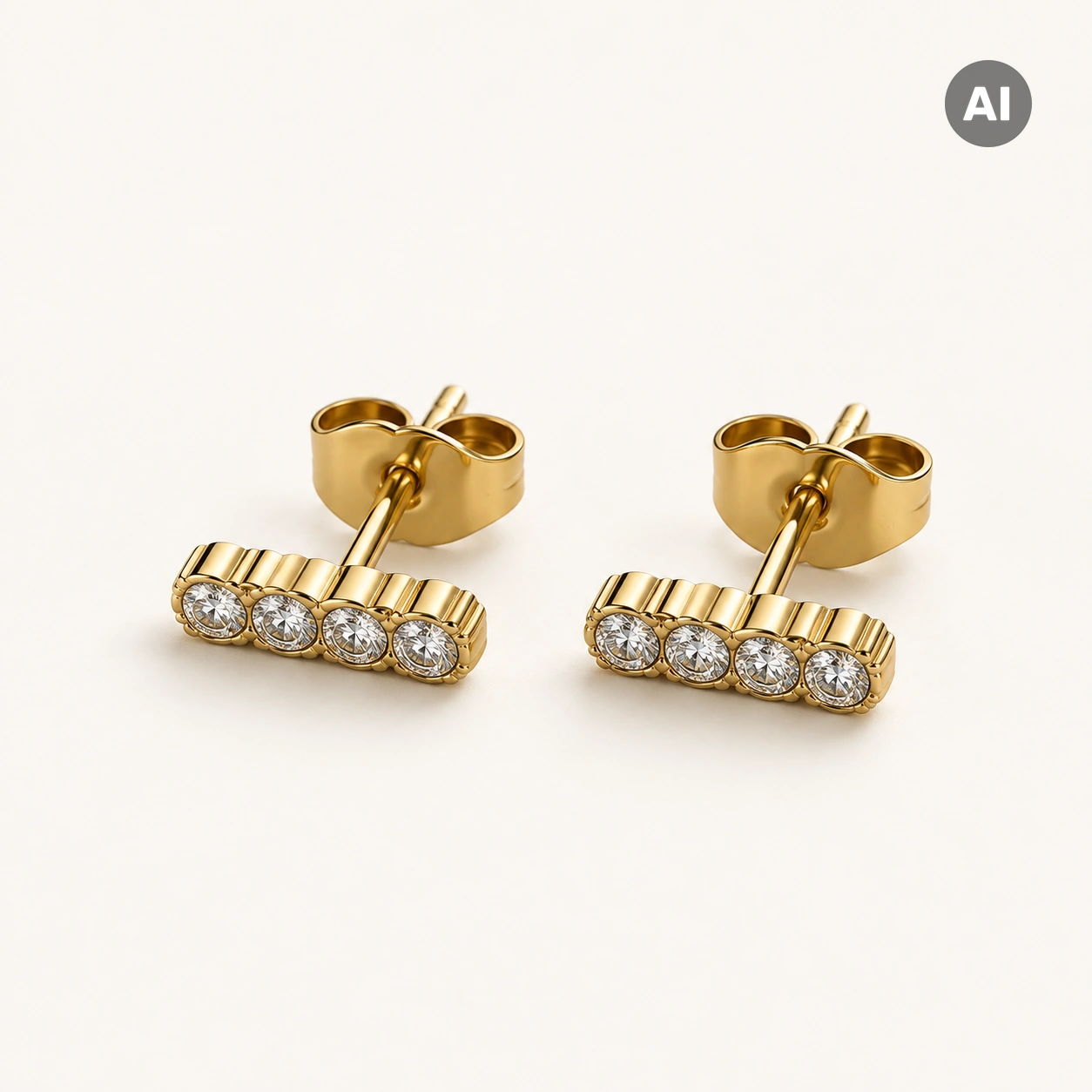 Ohrstecker mit fünf weißen Zirkonia und gerilltem Balken, goldfarben