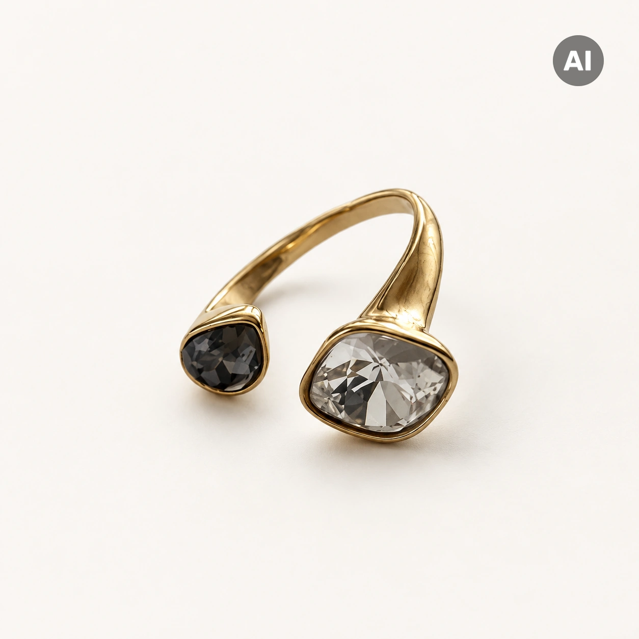 Ring mit offenem Profil und zwei Glassteinen in Zarge, goldfarben