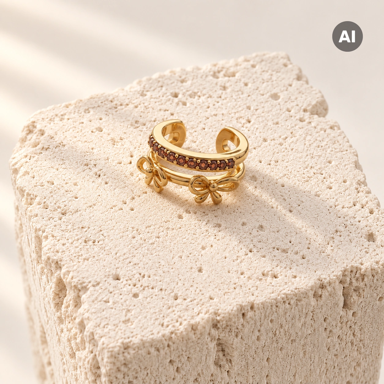 Ear Cuff mit zwei Schleifen und Besatz-Reihe, goldfarben