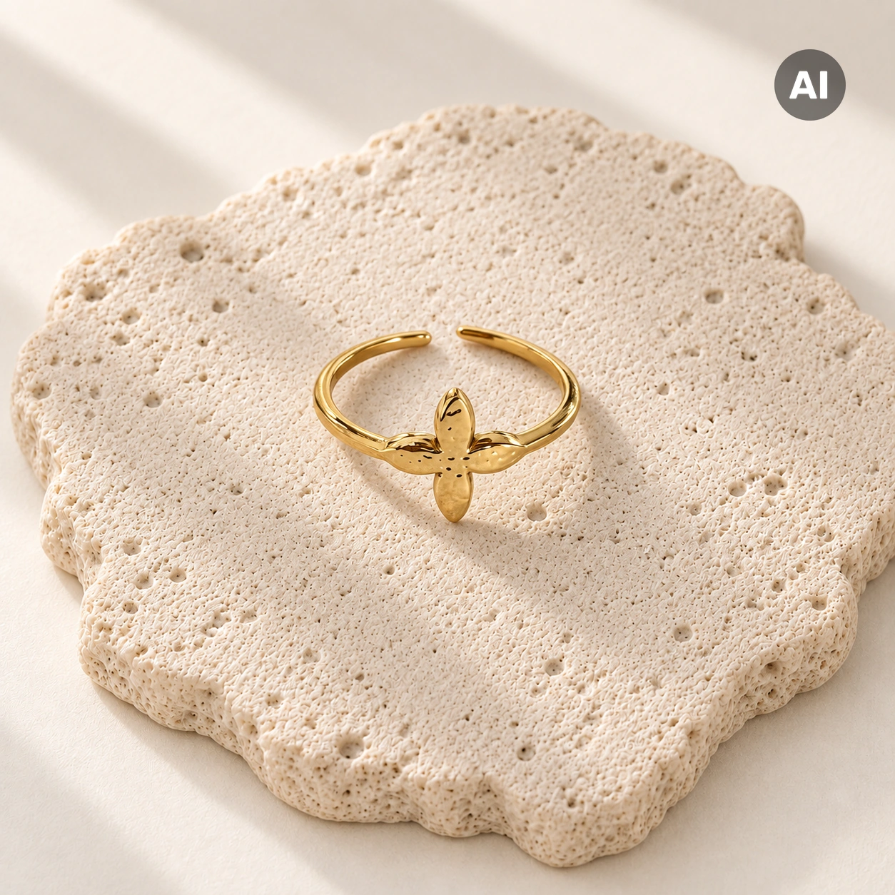 Ring mit offenem Profil und Blüte, goldfarben