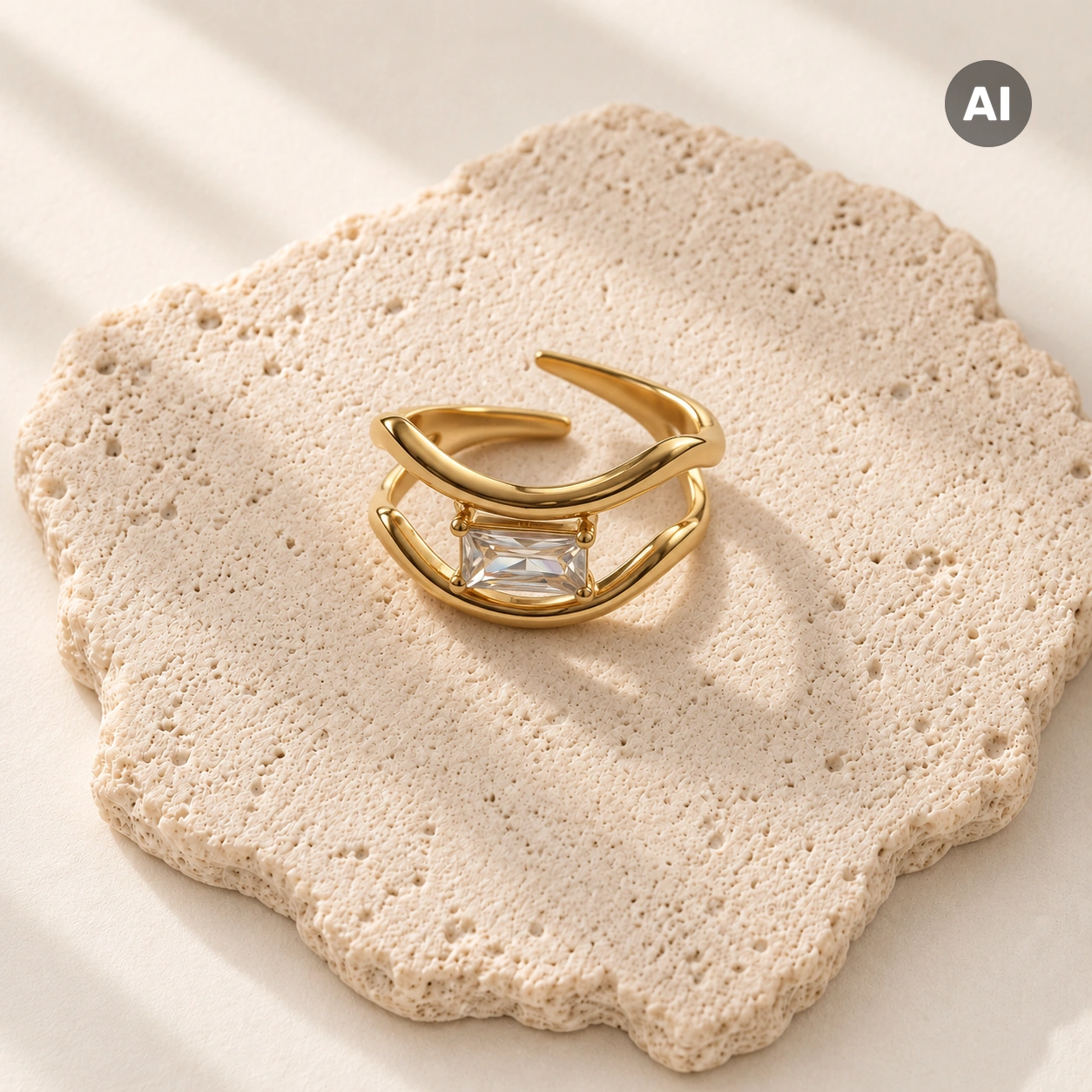Ring mit offenem geschwungenem Profil und Zirkonia-Baguette, goldfarben