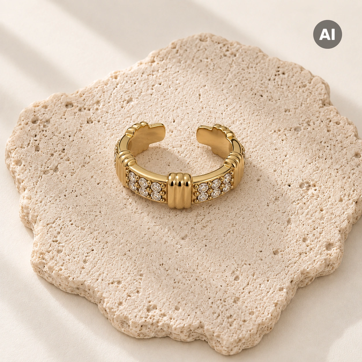 Ear Cuff mit Zirkonia-Besatz und gerippten Segmenten, goldfarben