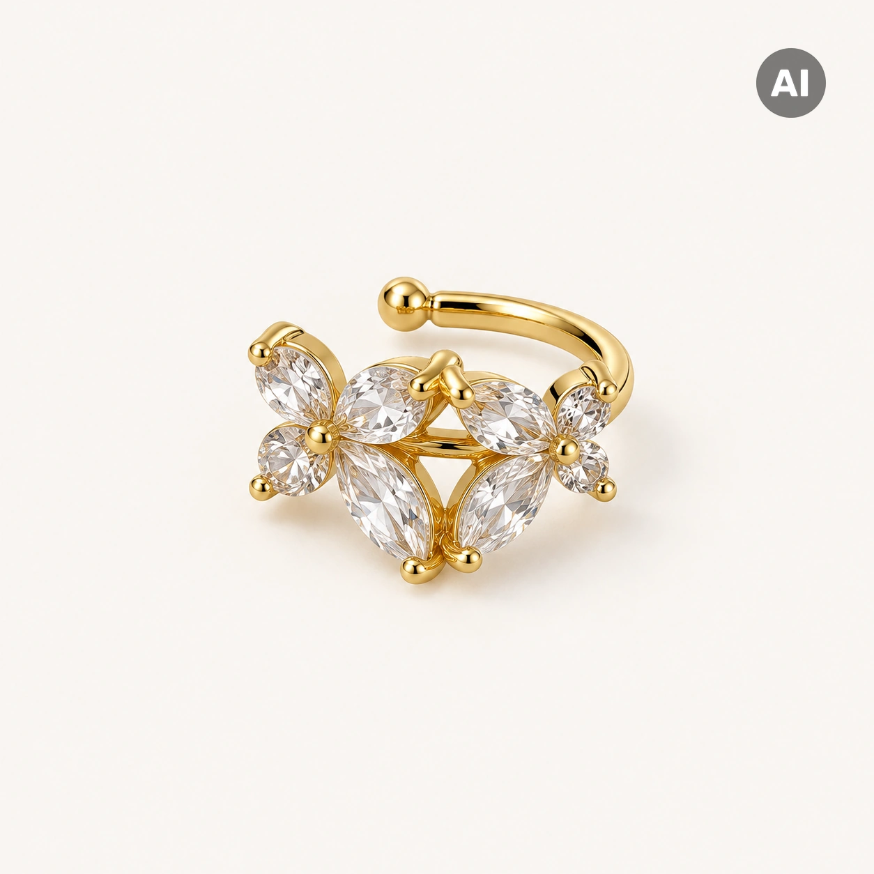 Ear Cuff mit zwei Blüten und Marquise-Zirkonia, goldfarben