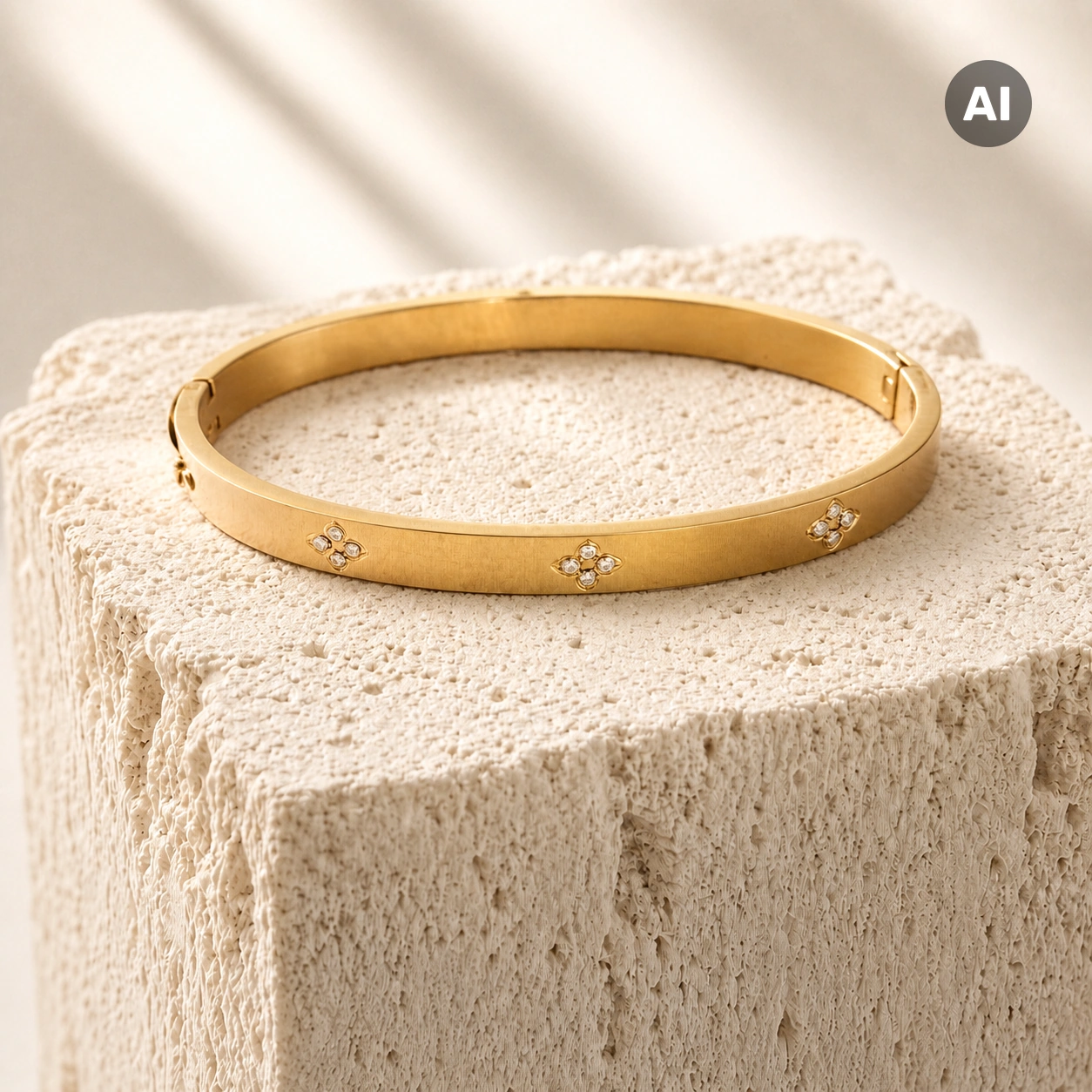 Armreif mit Zirkonia-Blumen und glatter Front, goldfarben