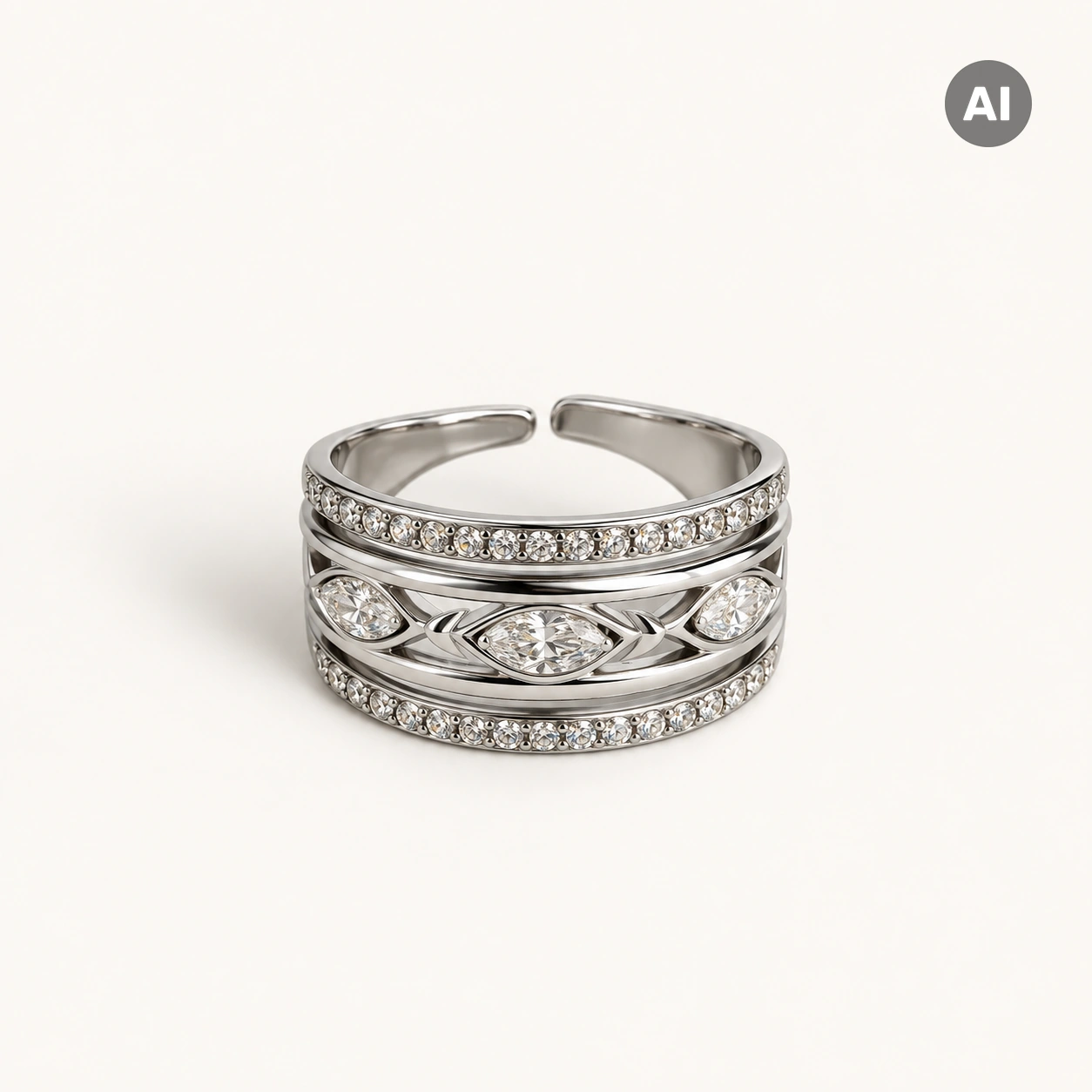 Ring mit breitem Profil, klarem Besatz und Marquise, silberfarben