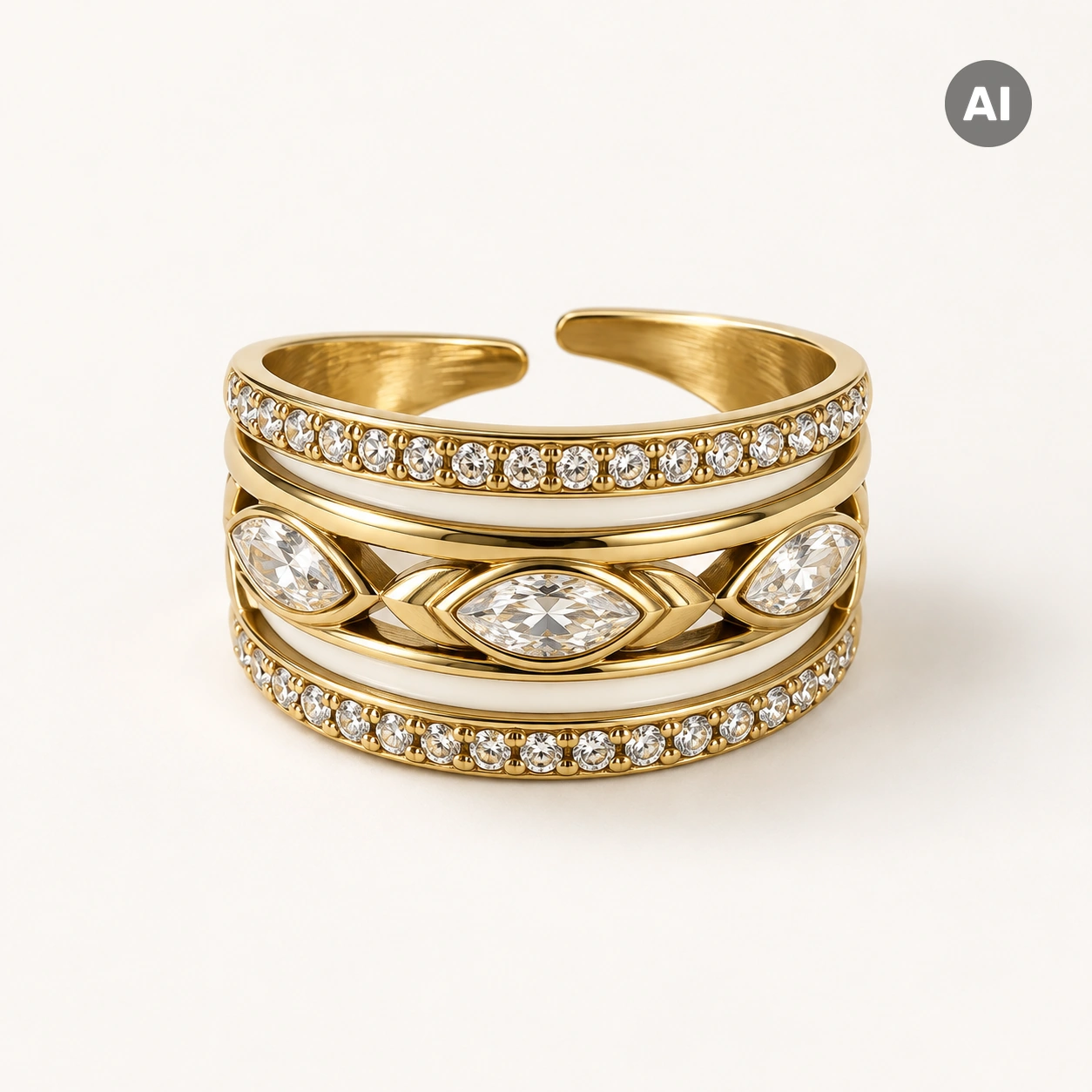 Ring mit breitem Profil, klarem Besatz und Marquise, goldfarben