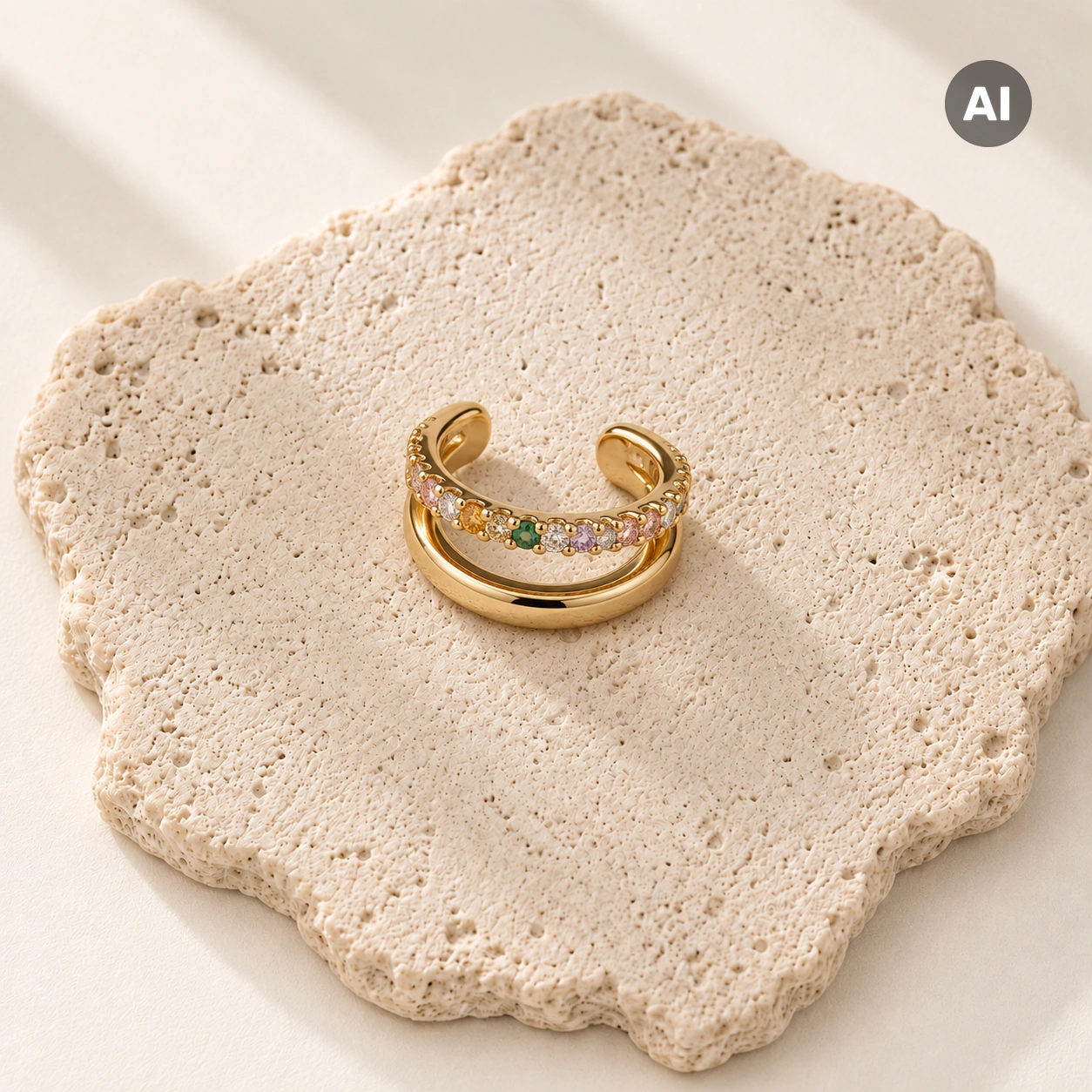 Ear Cuff mit buntem Besatz und glatter Oberfläche, goldfarben