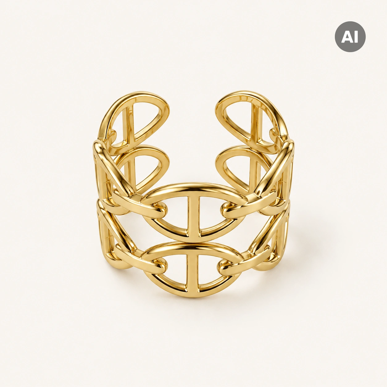Ring mit offener zweireihiger Gliederkette und Stegen, goldfarben