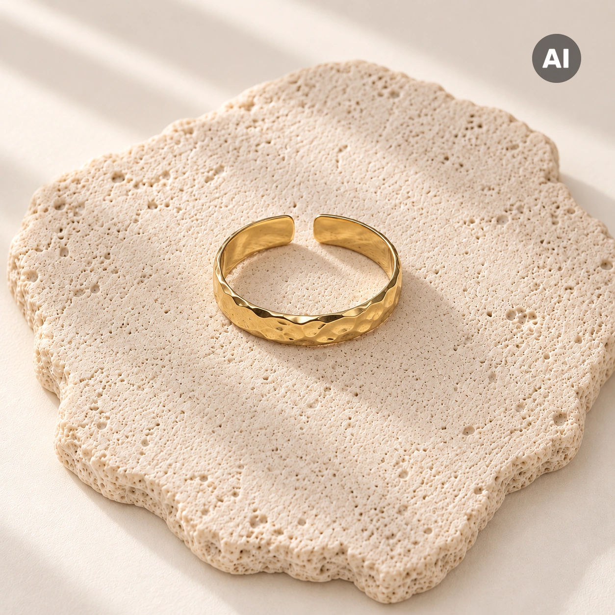Ring mit offenem breitem Profil und Hammerschlag, goldfarben