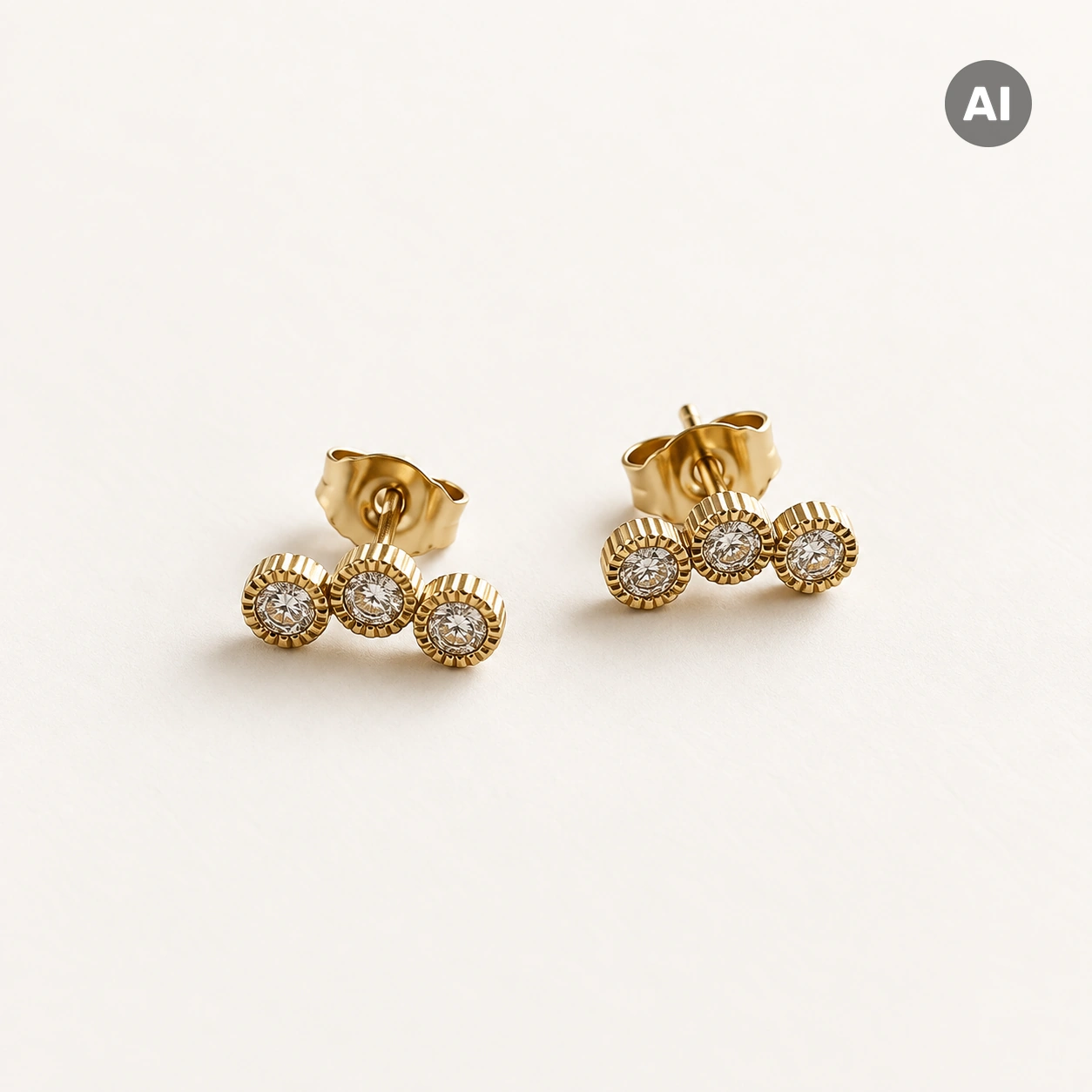 Ohrstecker mit drei Zirkonia und gerilltem Rand, goldfarben
