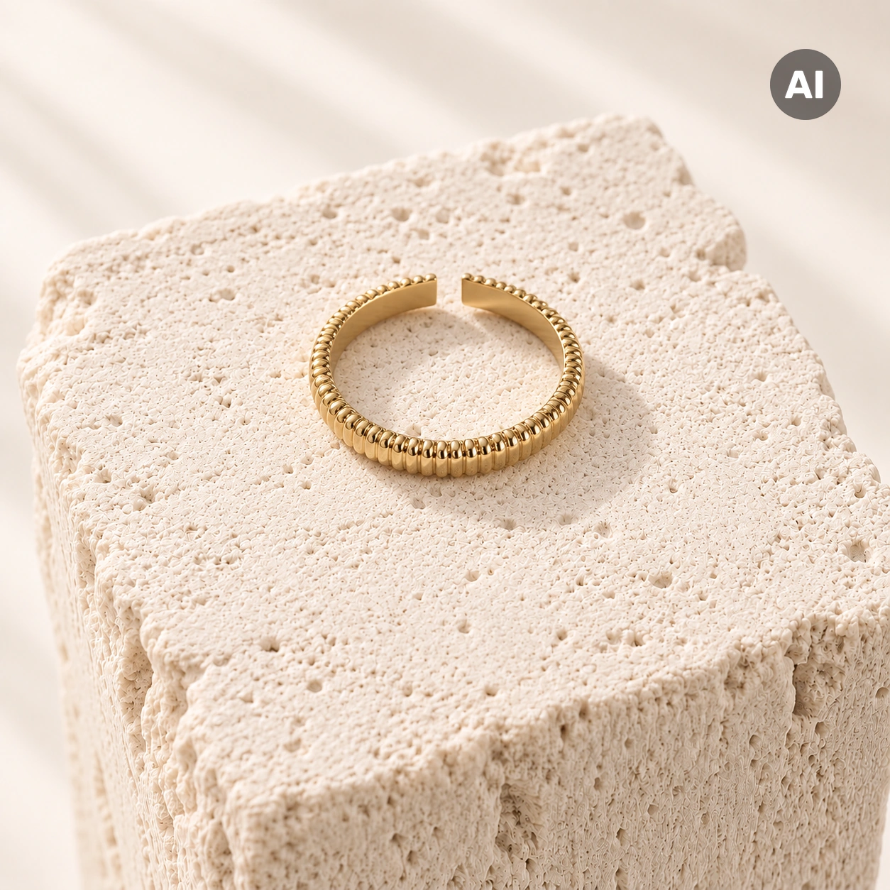 Ring mit offenem geripptem Profil und glatten Enden, goldfarben