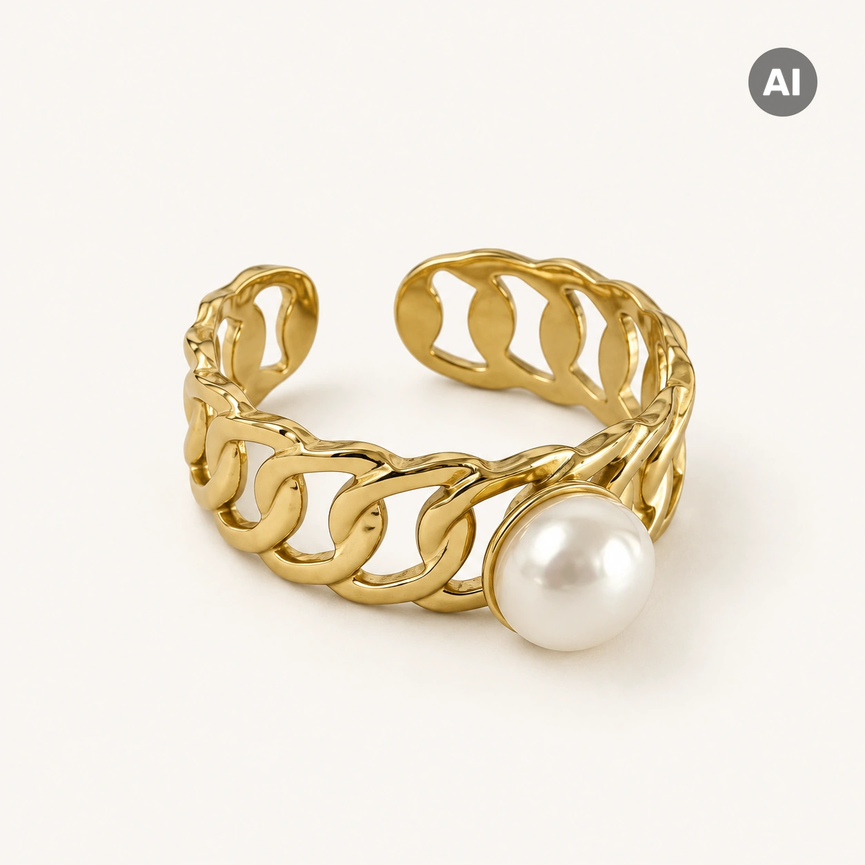 Ring mit offener Gliederkette und Perle, goldfarben