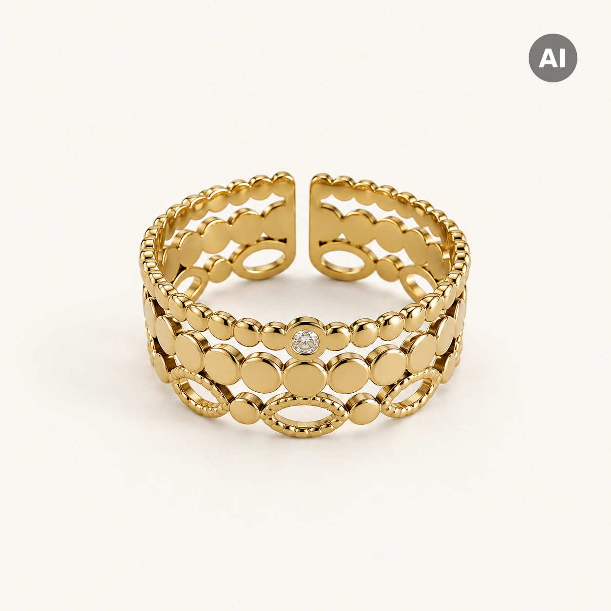 Ring mit offenem breitem Profil, Scheiben und Zirkonia, goldfarben
