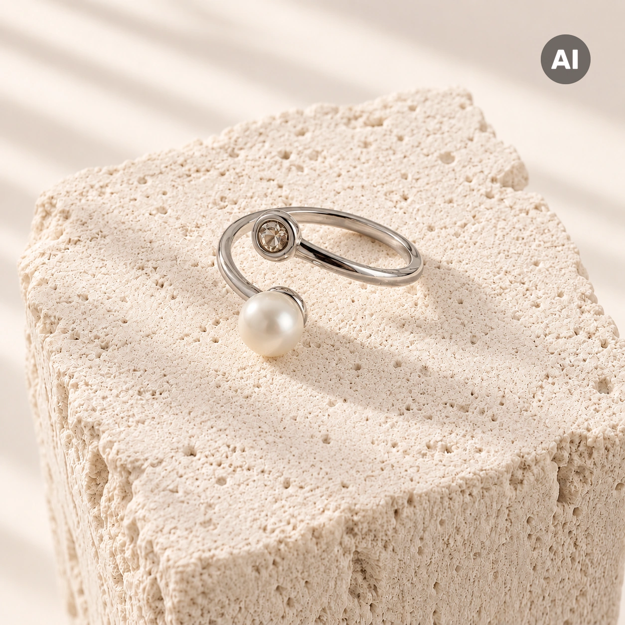 Ring mit offenem Profil, Perle und klarem Stein, silberfarben