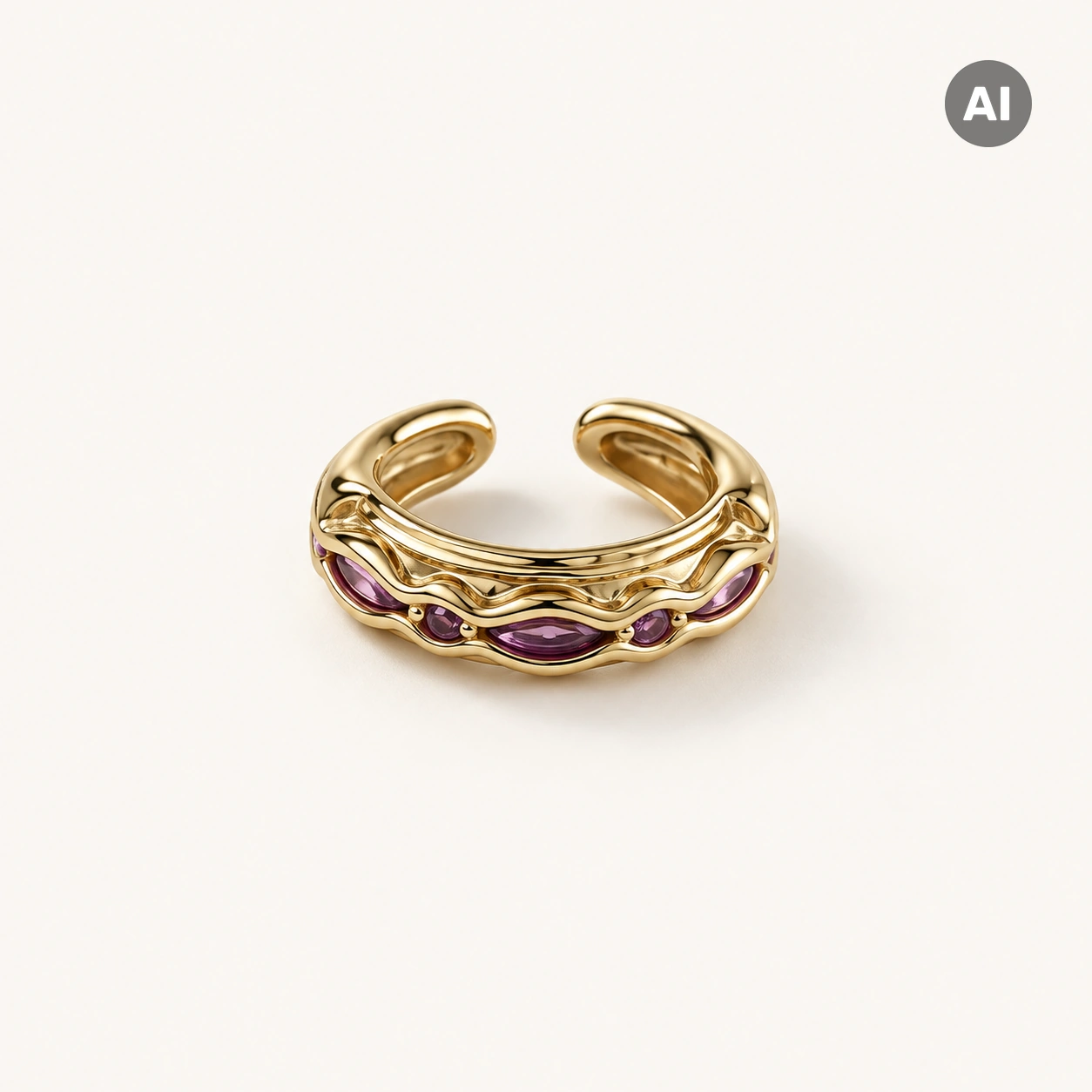 Ear Cuff mit gewelltem Rand und lila Besatz, goldfarben