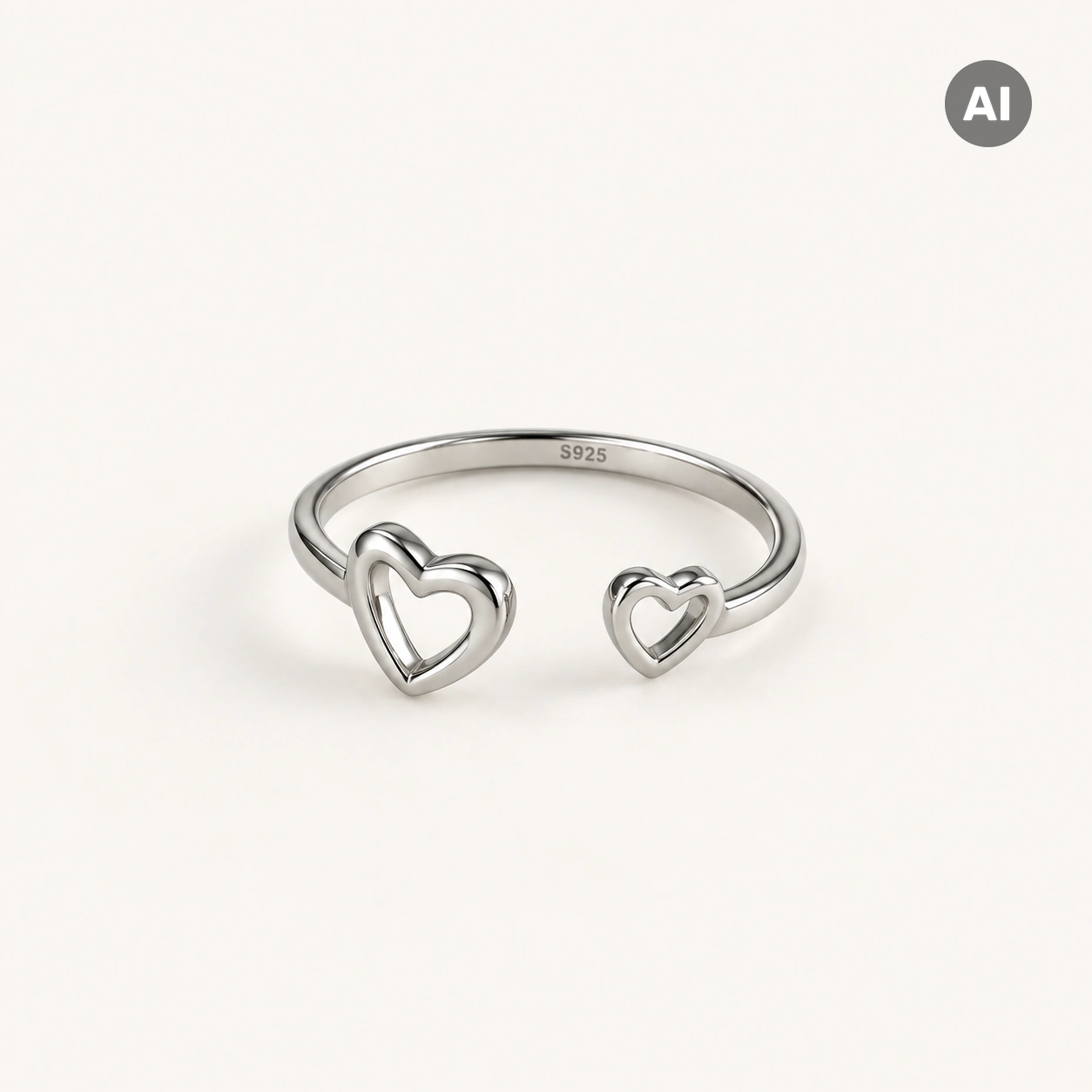 Ring mit offenem Profil und zwei Herzen, silberfarben