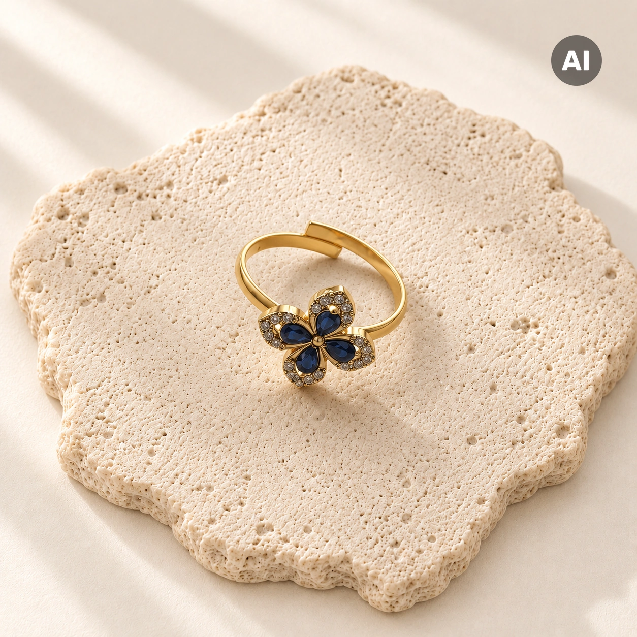 Ring mit offenem Profil und blauer Zirkonia-Blume, goldfarben