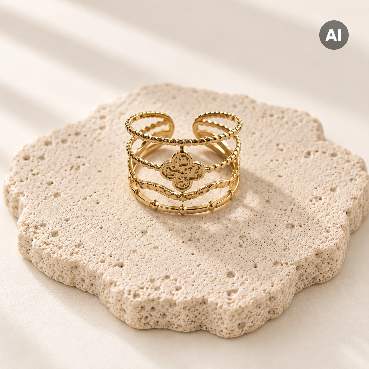 Ring mit offenem mehrreihigem Profil und Kleeblatt, goldfarben