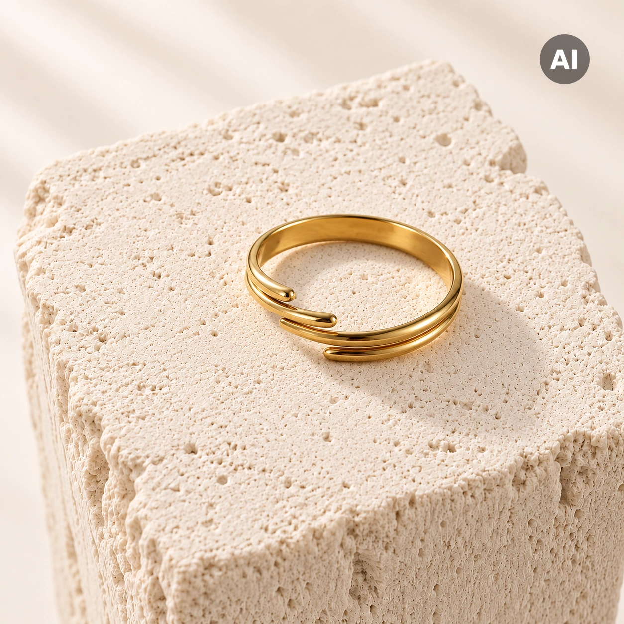 Ring mit offenem mehrreihigem Profil und glatten Enden, goldfarben