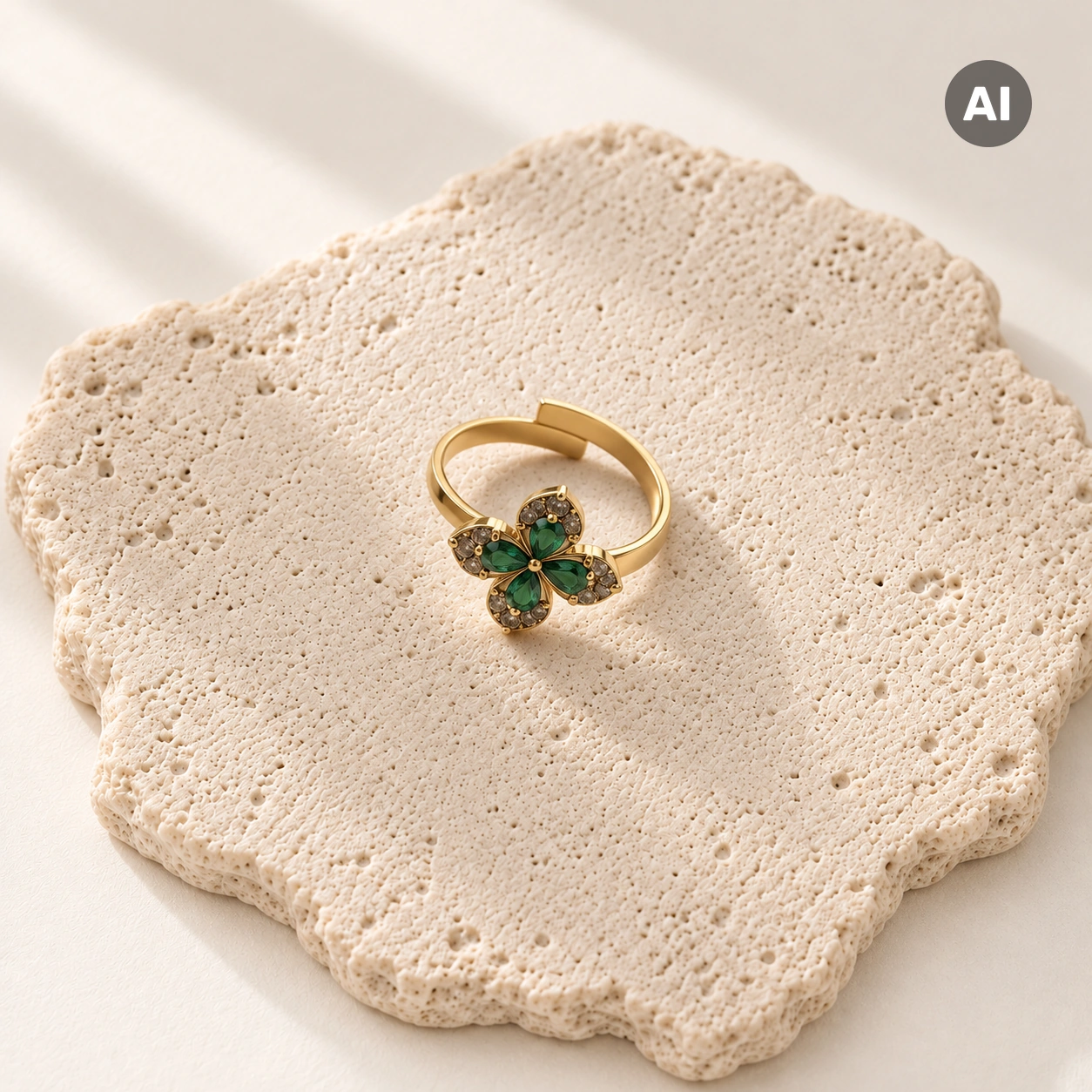 Ring mit offenem Profil und grünem Zirkonia-Kleeblatt, goldfarben