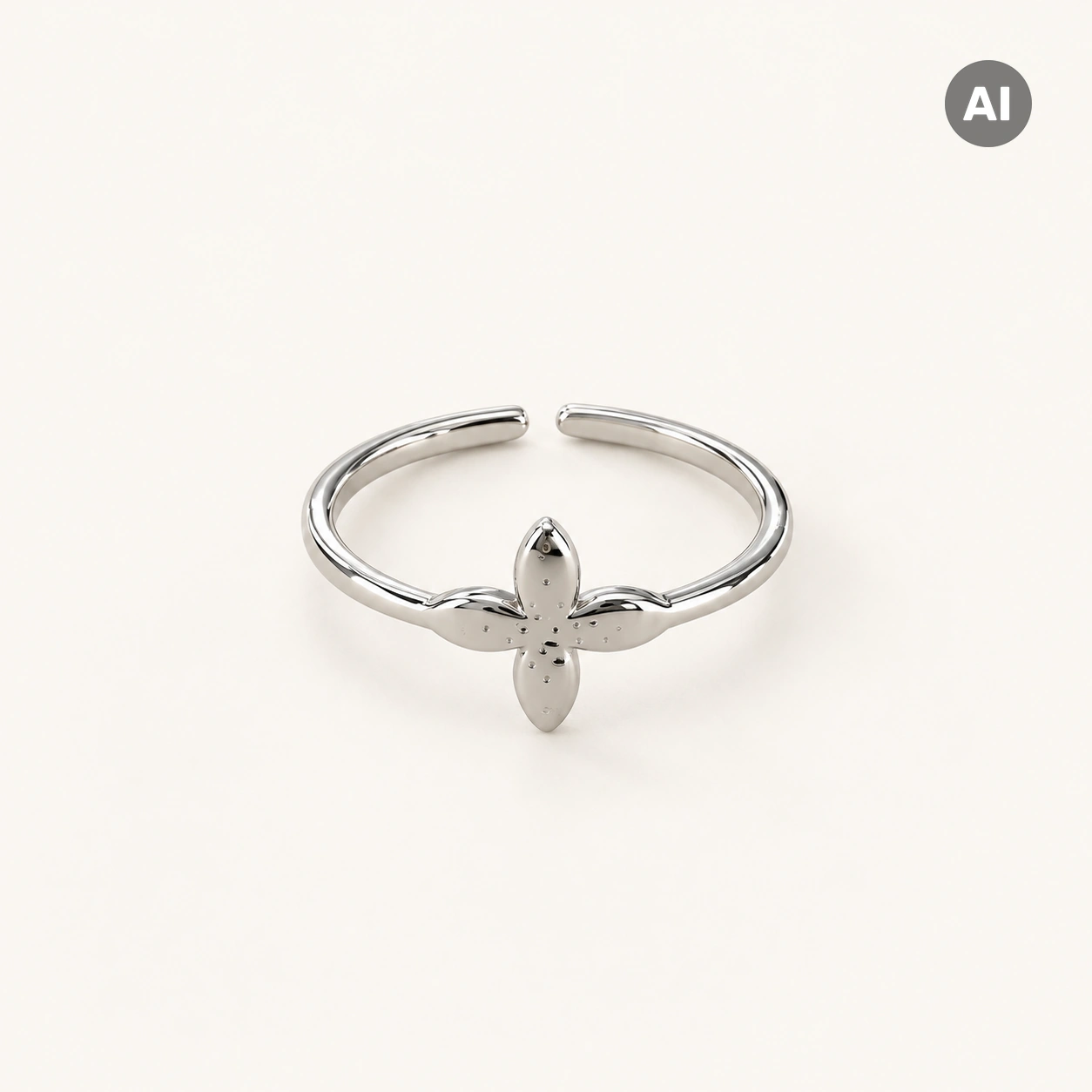 Ring mit offenem Profil und Blüte, silberfarben