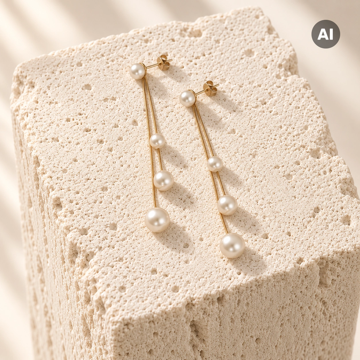 Ohrstecker mit drei Kunstperlen an Ketten, goldfarben