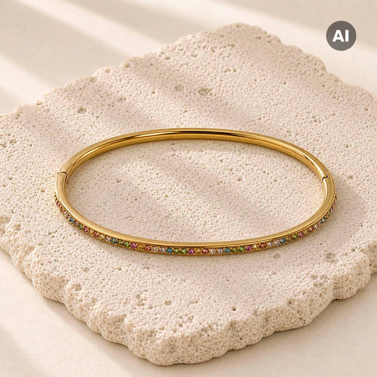 Armreif mit bunter Zirkonia-Reihe und Klappverschluss, goldfarben