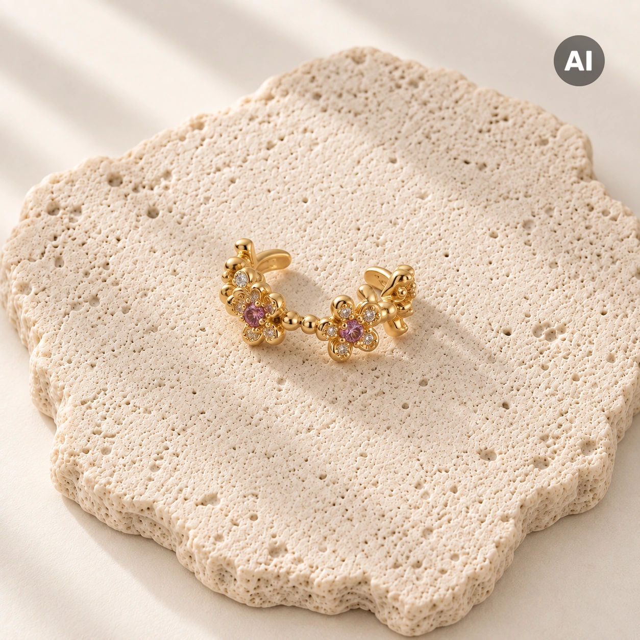 Ear Cuff mit Blüten und Kugelrand, goldfarben