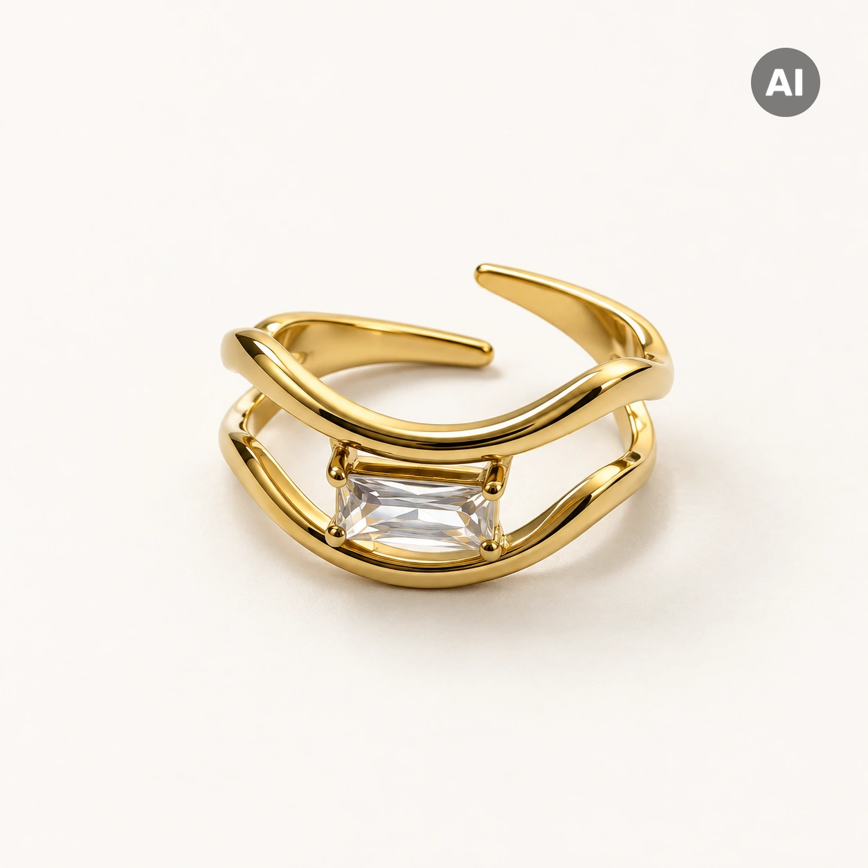 Ring mit offenem geschwungenem Profil und Zirkonia-Baguette, goldfarben