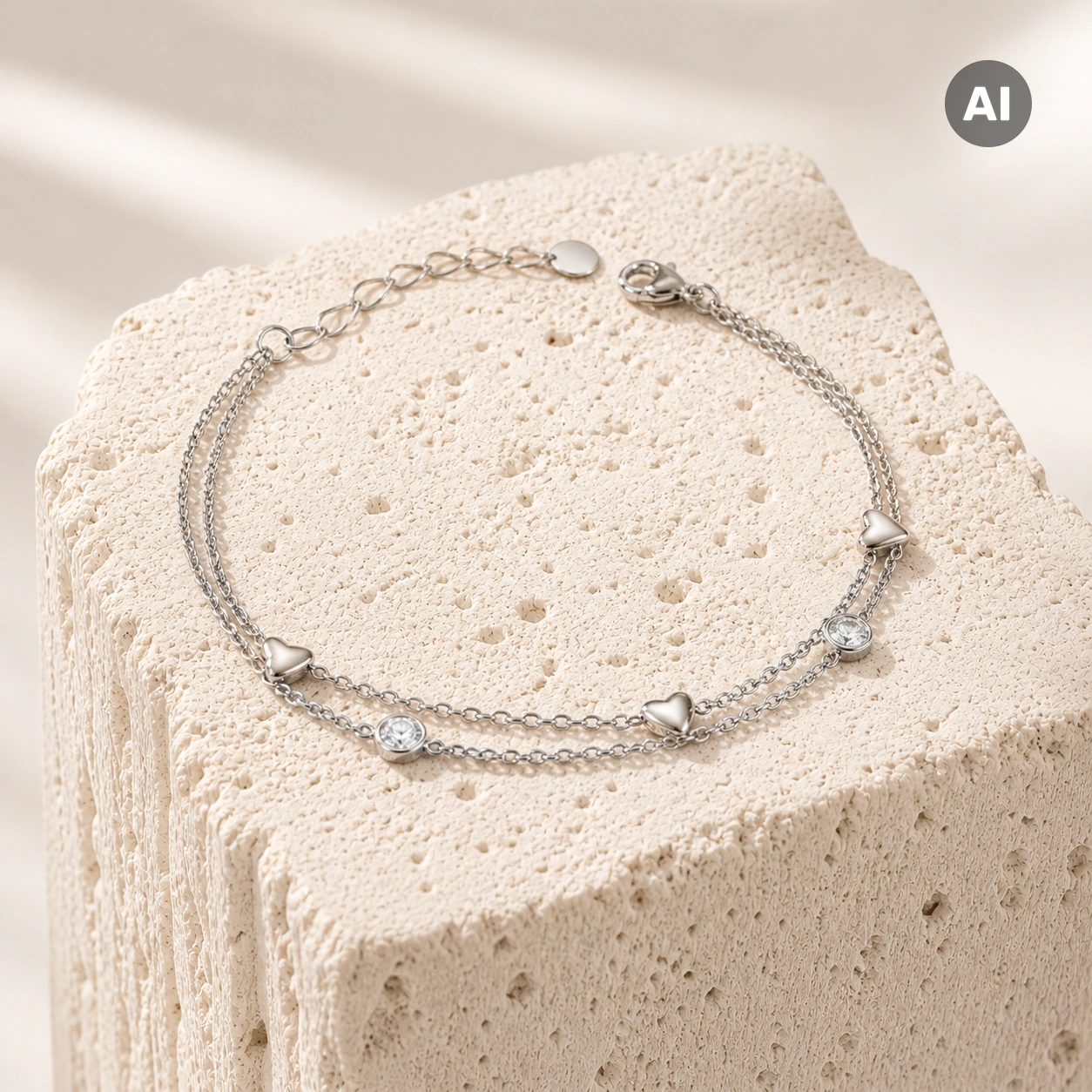 Armband mit zwei Ketten und Herz-Stationen, silberfarben