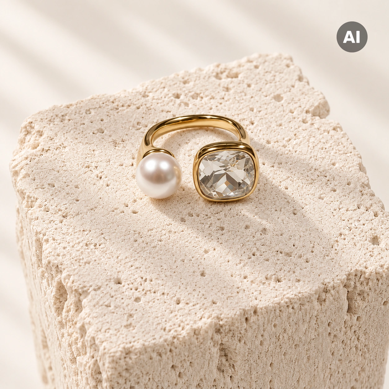 Ring mit offenem Profil, Kunstperle und Glasstein, goldfarben