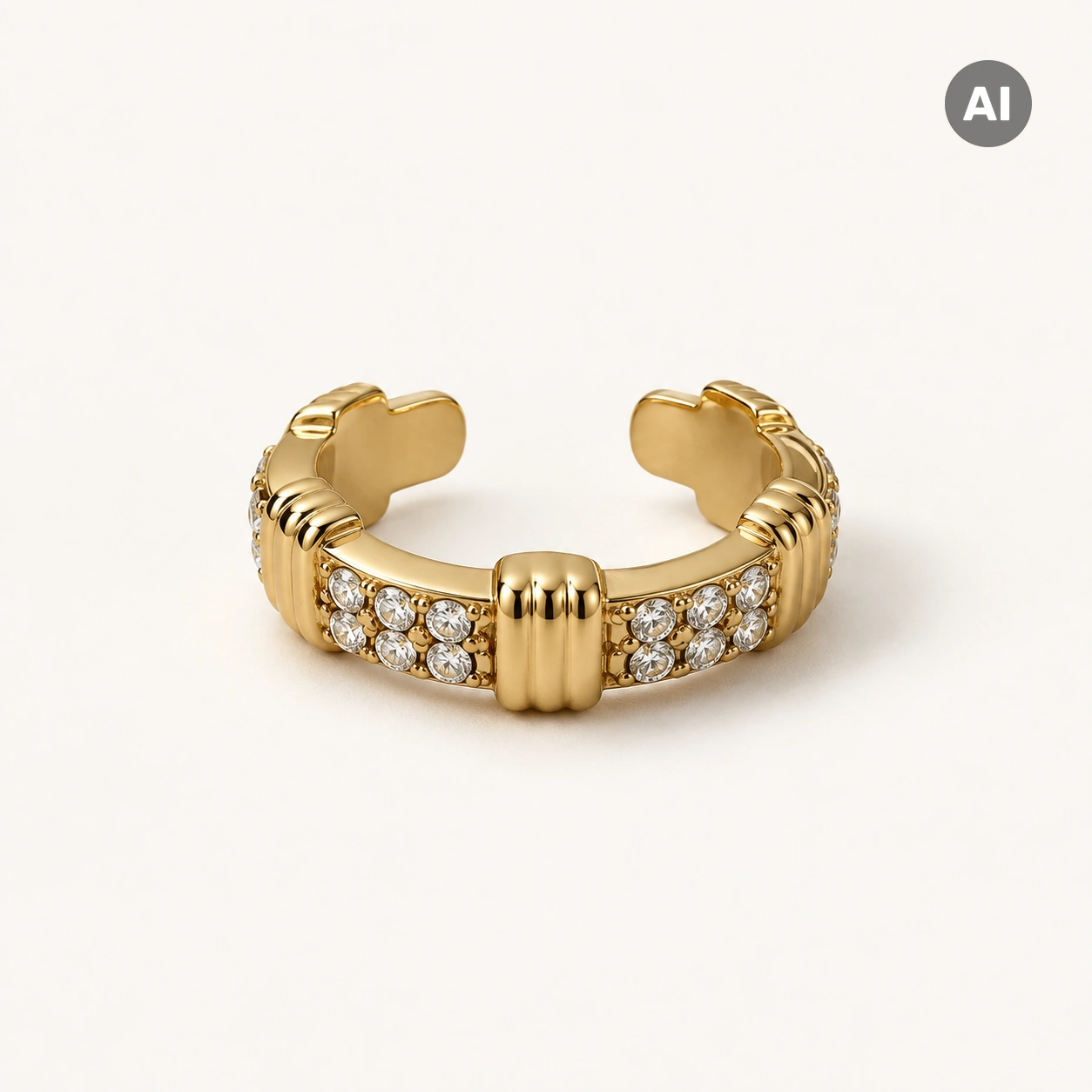 Ear Cuff mit Zirkonia-Besatz und gerippten Segmenten, goldfarben