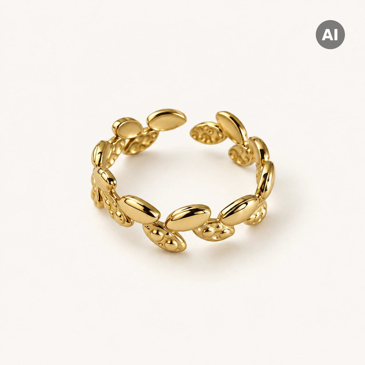 Ring mit offenem Blatt-Profil und Struktur, goldfarben