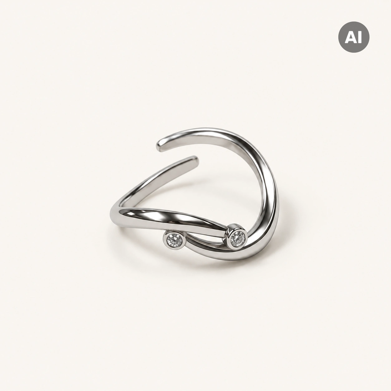 Ring mit offenem geschwungenem Profil und zwei Zirkonia, silberfarben
